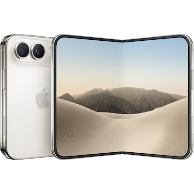 Apple iPhone Duo in Star White, aufgeklappt, Rückseite mit Doppelkamera, Display mit Wüstenlandschaft.