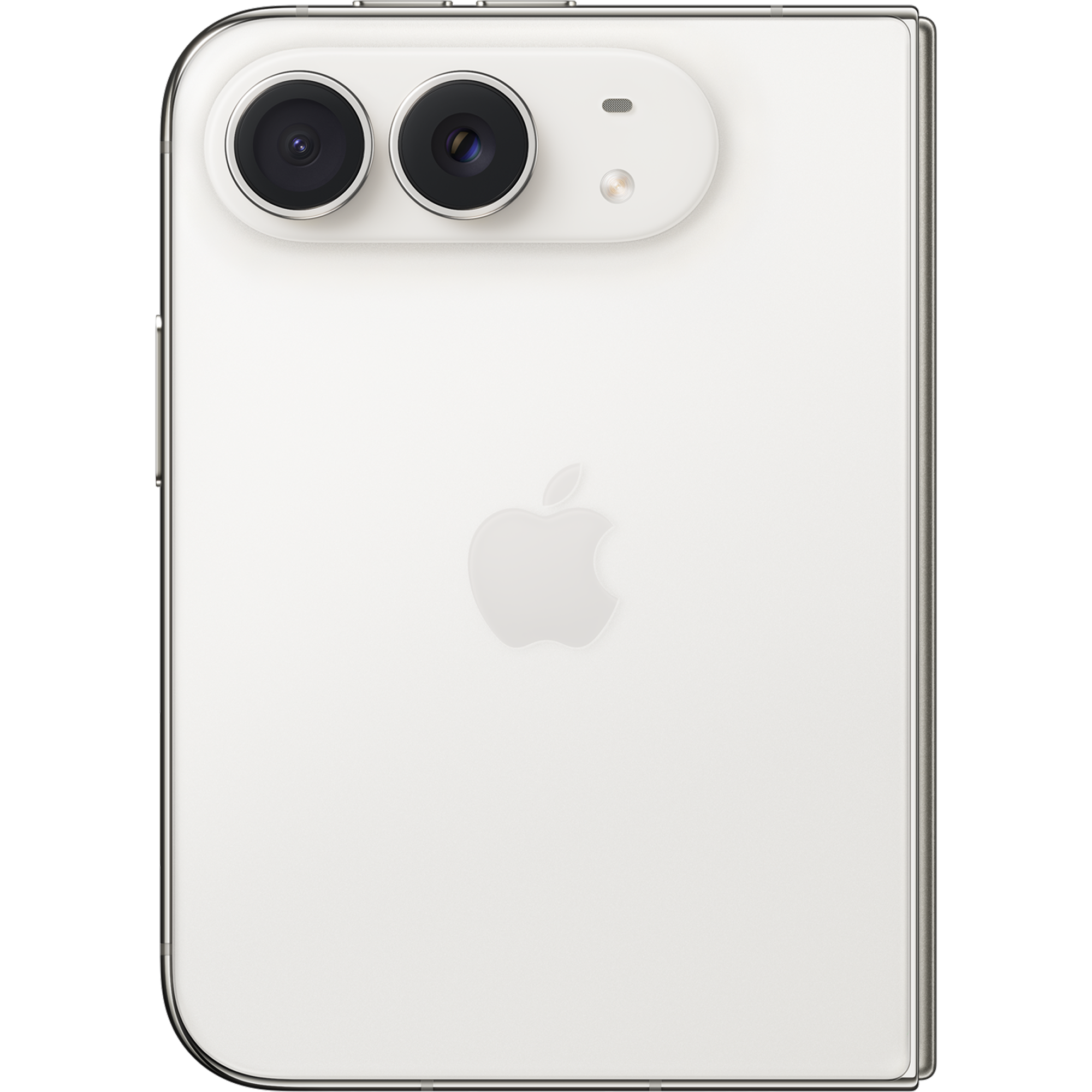Apple iPhone Duo in Star White, zugeklappt, Rückseite mit Doppelkamera und Apple-Logo.