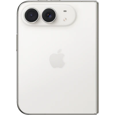 Apple iPhone Duo in Star White, zugeklappt, Rückseite mit Doppelkamera und Apple-Logo.