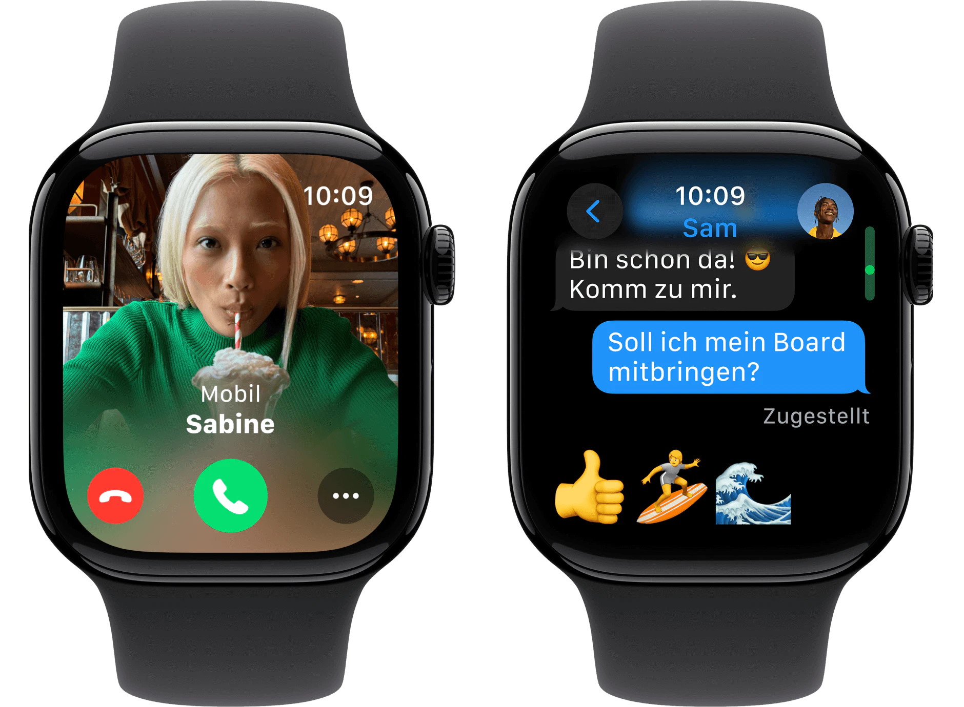 Zwei Vorderansichten Apple Watch 10 42mm.