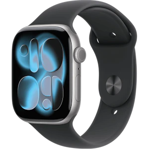 Schräge Vorderansicht Apple Watch S11 46mm Schwarz.