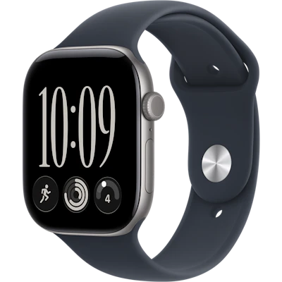 Schräge Vorderansicht Apple Watch S12 5G 46mm Navyblau.