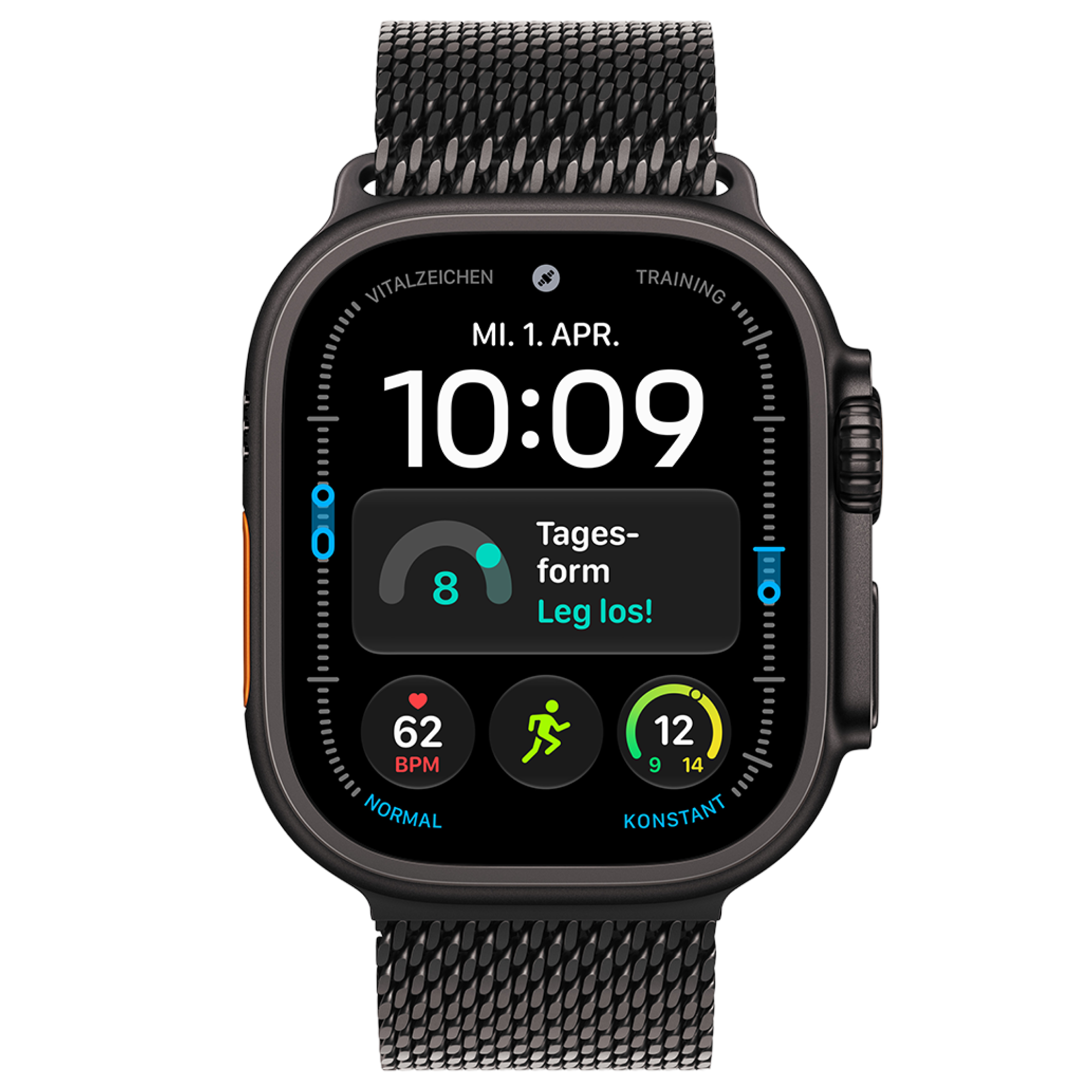 Vorderansicht Apple Watch Ultra 4 5G 49mm Schwarz mit Milanaise Armband Schwarz.