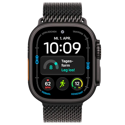 Vorderansicht Apple Watch Ultra 4 5G 49mm Schwarz mit Milanaise Armband Schwarz.