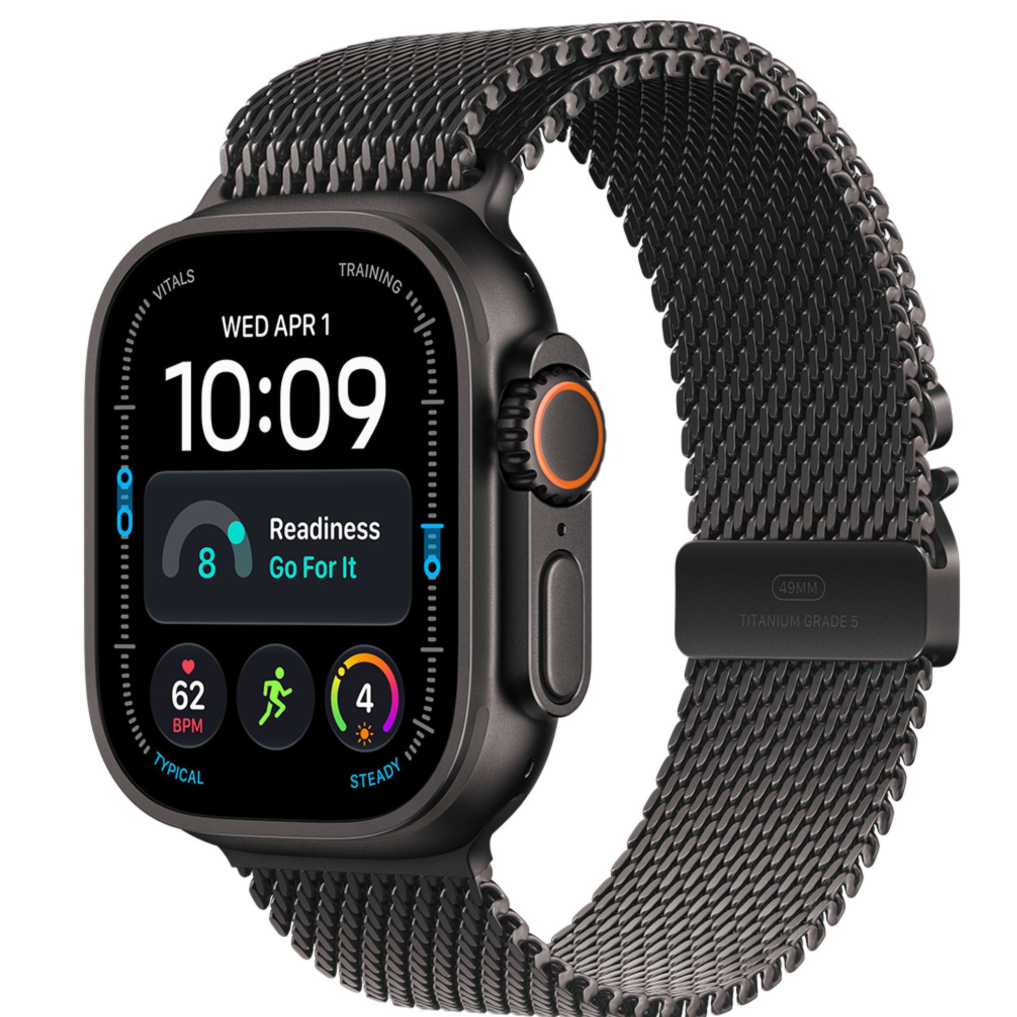 Schräge Vorderansicht Apple Watch Ultra 4 5G 49mm Schwarz mit Milanaise Armband Schwarz.