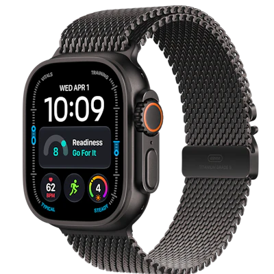Schräge Vorderansicht Apple Watch Ultra 4 5G 49mm Schwarz mit Milanaise Armband Schwarz.