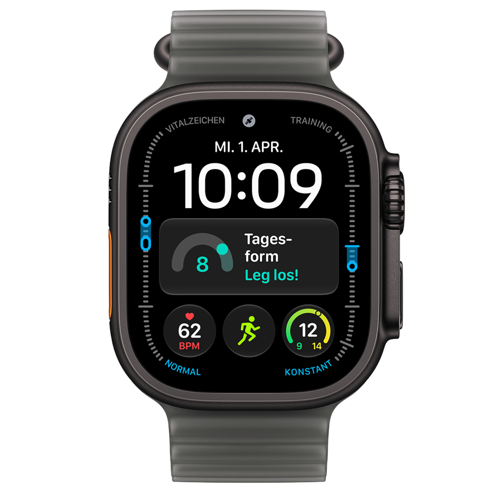 Vorderansicht Apple Watch Ultra 4 5G 49mm Schwarz mit Ocean Armband Schwarz.