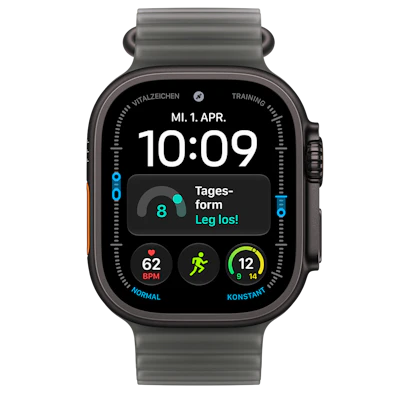 Vorderansicht Apple Watch Ultra 4 5G 49mm Schwarz mit Ocean Armband Schwarz.