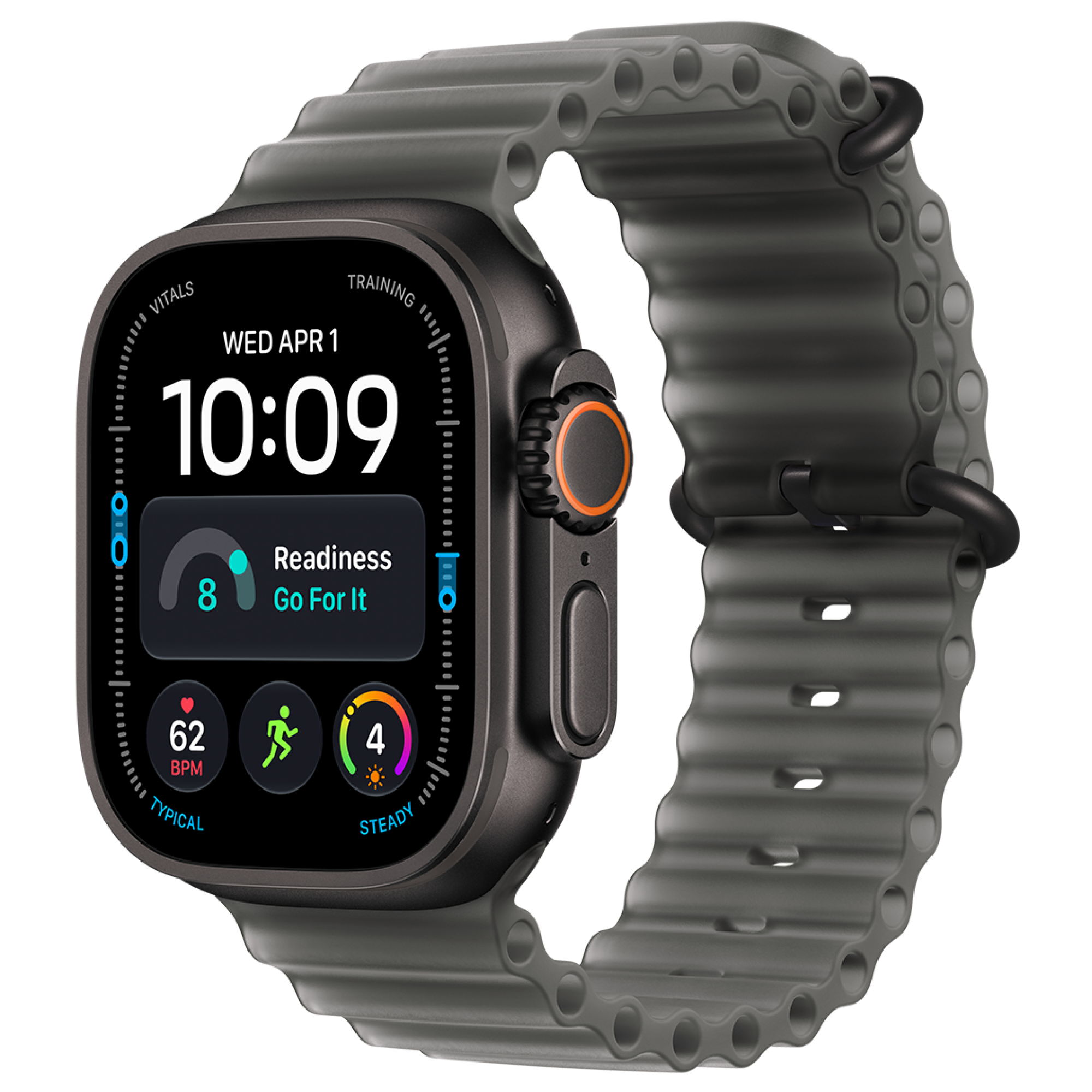 Schräge Vorderansicht Apple Watch Ultra 4 5G 49mm Schwarz mit Ocean Armband Schwarz.