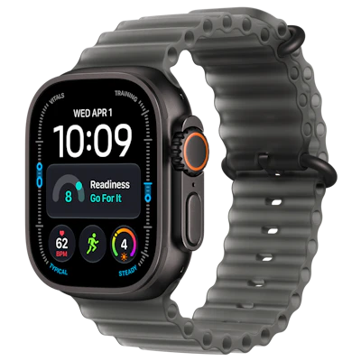 Schräge Vorderansicht Apple Watch Ultra 4 5G 49mm Schwarz mit Ocean Armband Schwarz.