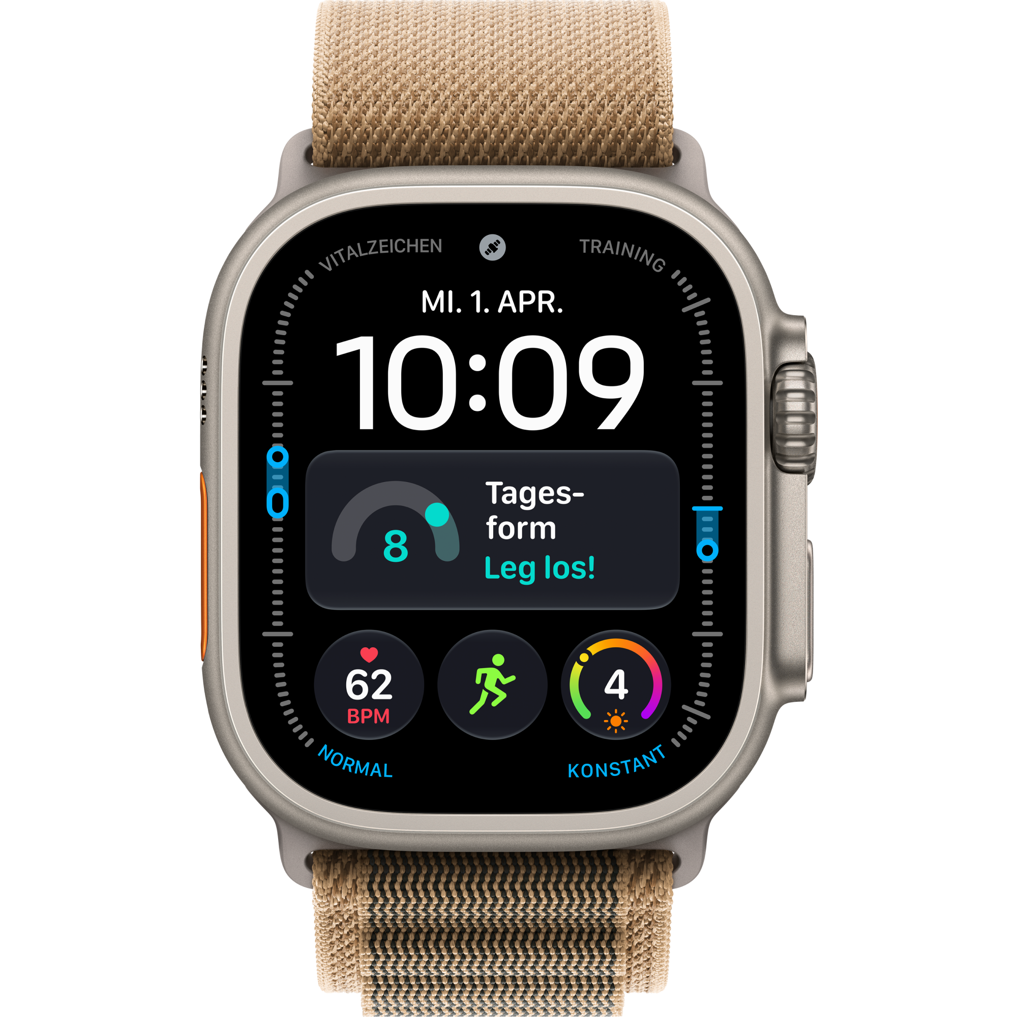 Vorderansicht Apple Watch Ultra 4 5G 49mm Titan Natur mit Alpine Loop Wüstensand.