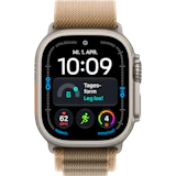 Vorderansicht Apple Watch Ultra 4 5G 49mm Titan Natur mit Alpine Loop Wüstensand.