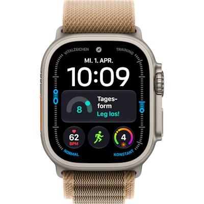 Vorderansicht Apple Watch Ultra 4 5G 49mm Titan Natur mit Alpine Loop Wüstensand.