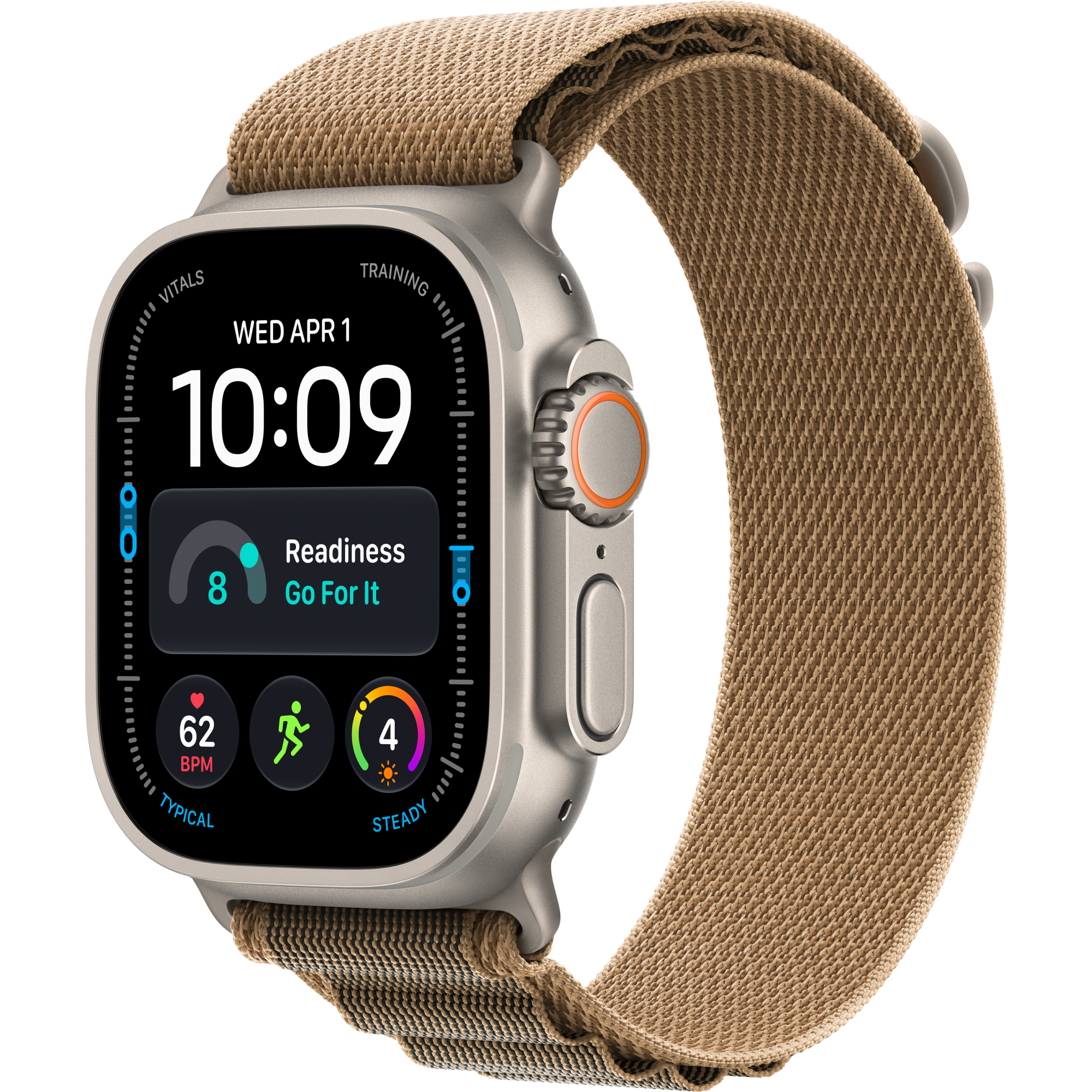 Schräge Vorderansicht Apple Watch Ultra 4 5G 49mm Titan Natur mit Alpine Loop Wüstensand.