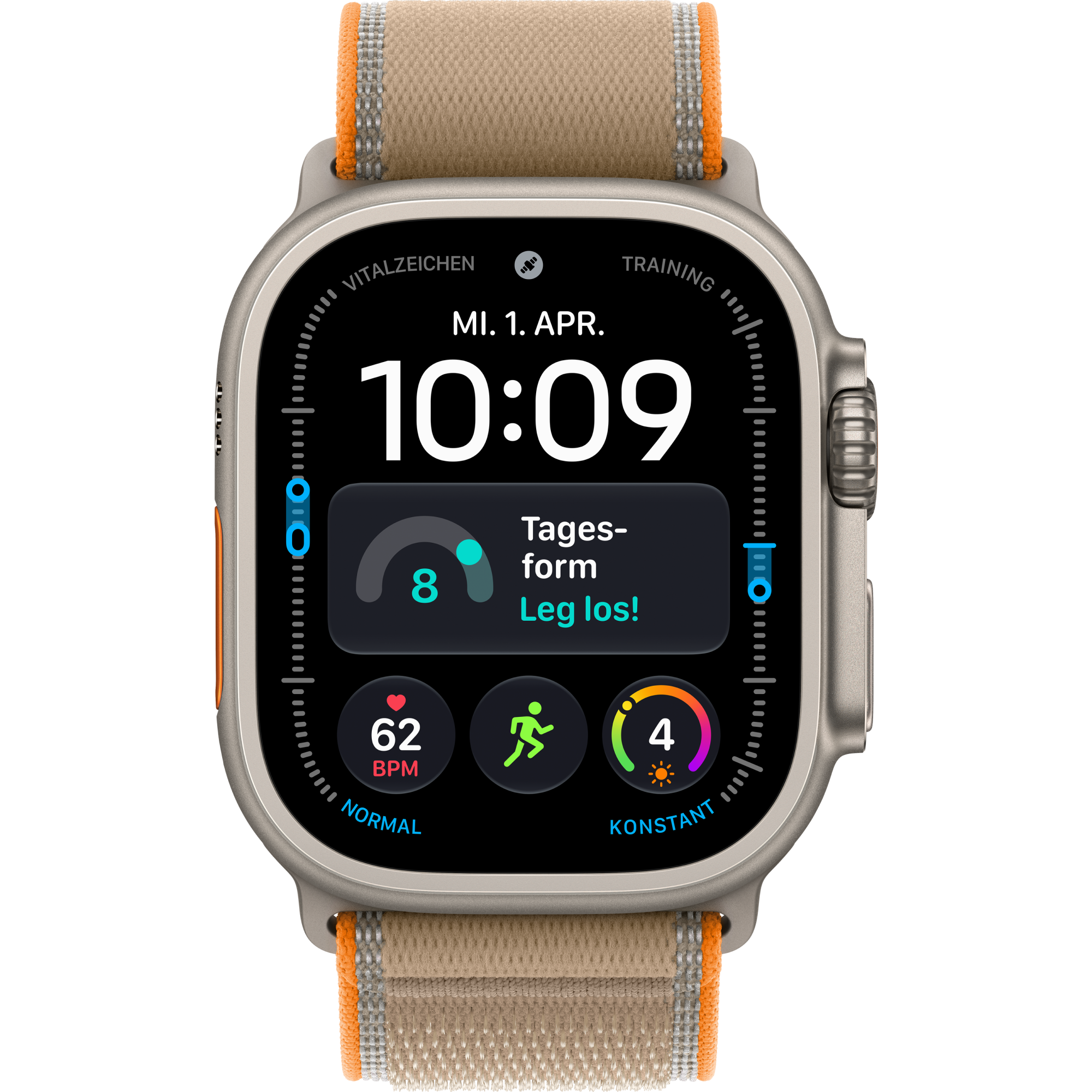 Vorderansicht Apple Watch Ultra 4 5G 49mm Titan Natur mit Trail Loop Sand.