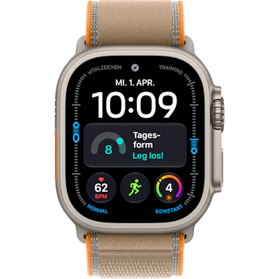 Vorderansicht Apple Watch Ultra 4 5G 49mm Titan Natur mit Trail Loop Sand.