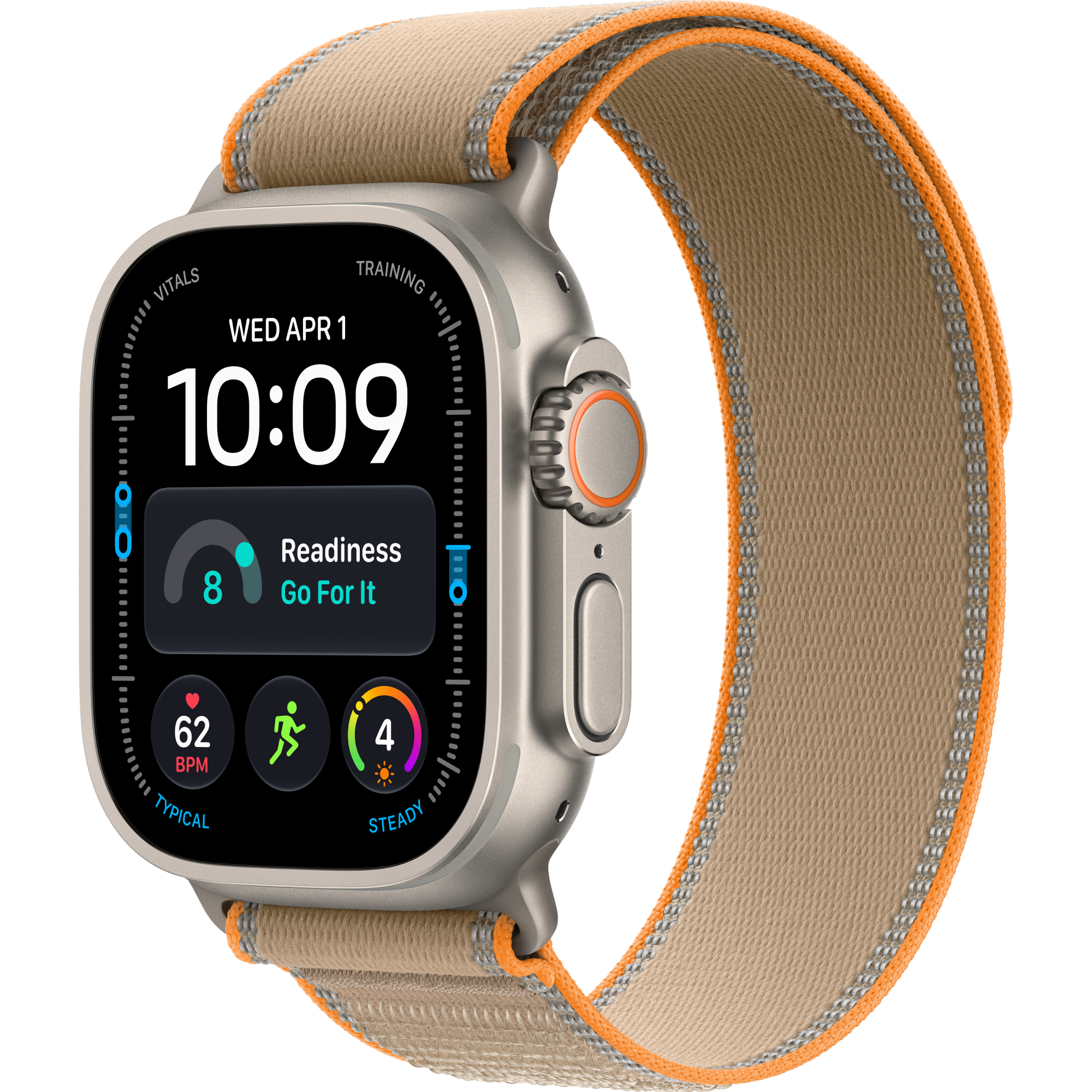 Schräge Vorderansicht Apple Watch Ultra 4 5G 49mm Titan Natur mit Trail Loop Sand.