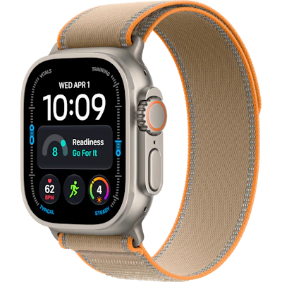 Schräge Vorderansicht Apple Watch Ultra 4 5G 49mm Titan Natur mit Trail Loop Sand.