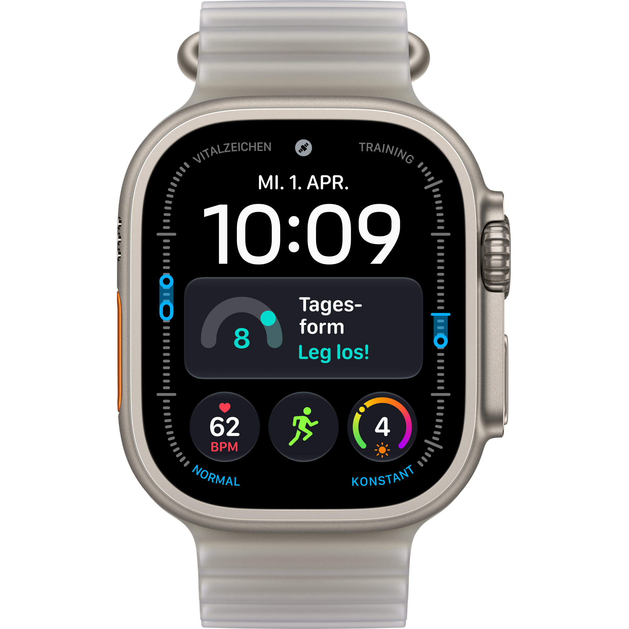Vorderansicht Apple Watch Ultra 4 5G 49mm Titan Natur mit Ocean Armband Translucent Gray.