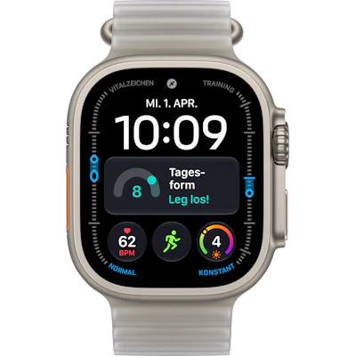 Vorderansicht Apple Watch Ultra 4 5G 49mm Titan Natur mit Ocean Armband Translucent Gray.