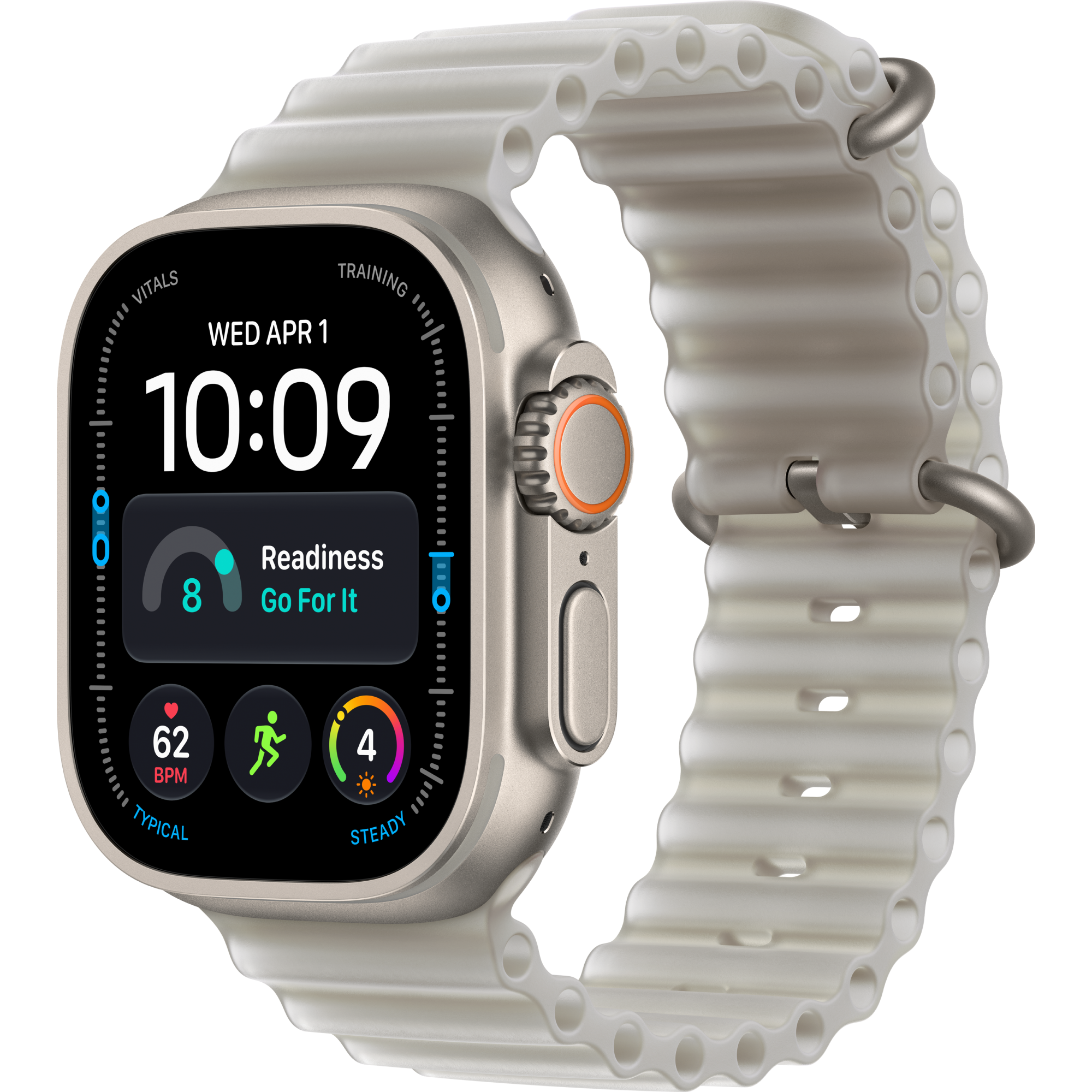 Schräge Vorderansicht Apple Watch Ultra 4 5G 49mm Titan Natur mit Ocean Armband Translucent Gray.
