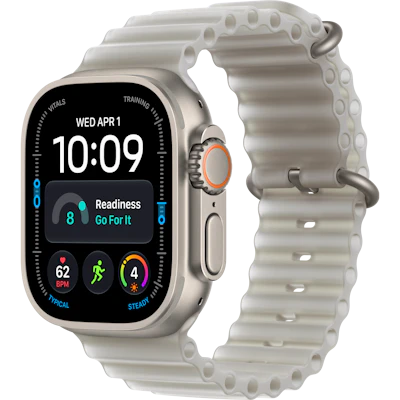 Schräge Vorderansicht Apple Watch Ultra 4 5G 49mm Titan Natur mit Ocean Armband Translucent Gray.