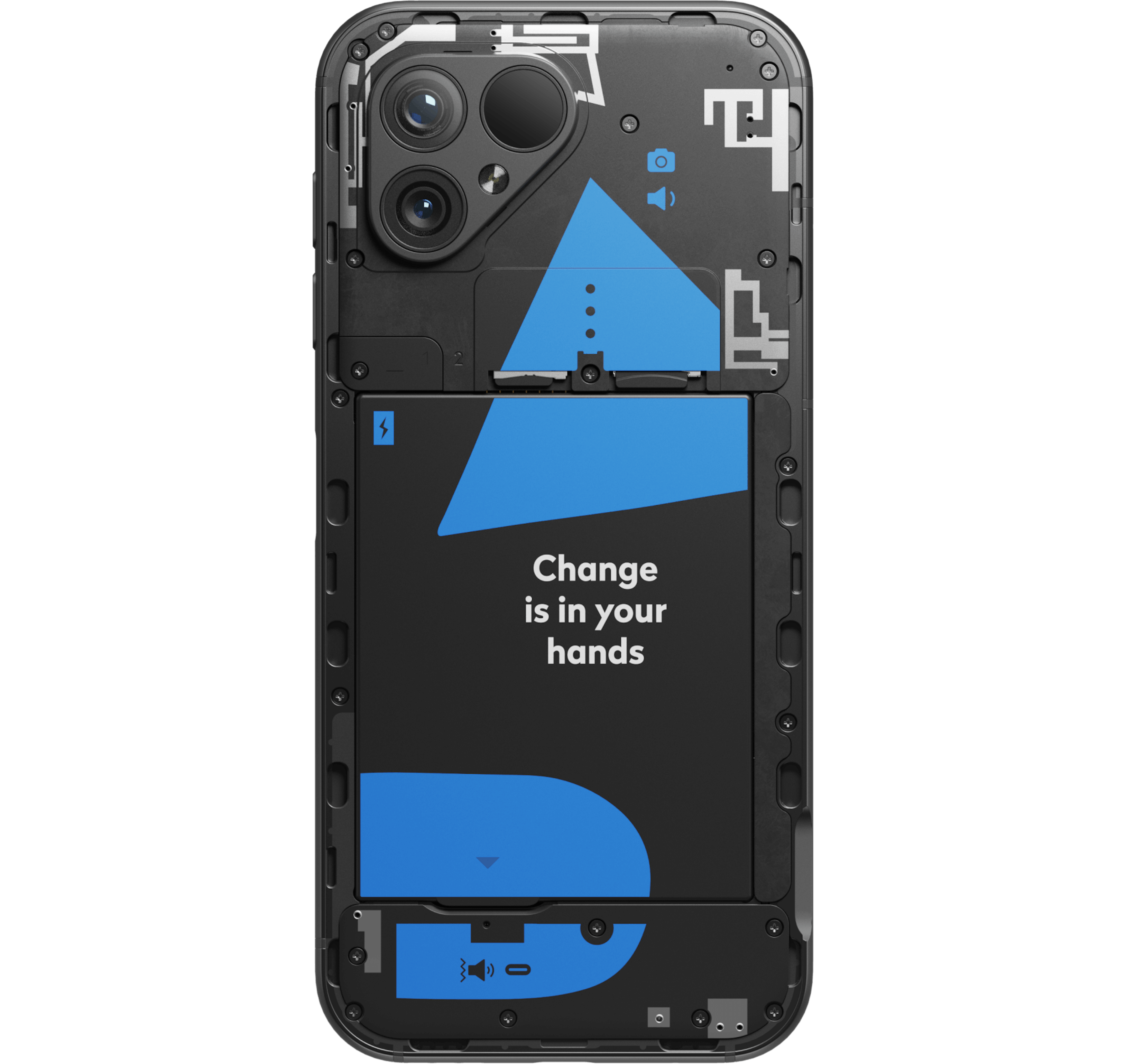 Innenansicht Fairphone 5 Schwarz von hinten.