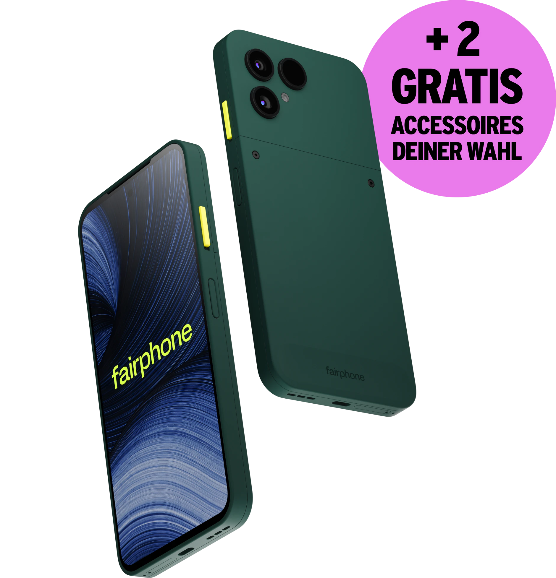 Highlight Bild vom Gerät Rück- & Vorderseite Fairphone (Gen. 6+) mit Störer "+2 Gratis Accessoires deiner Wahl".