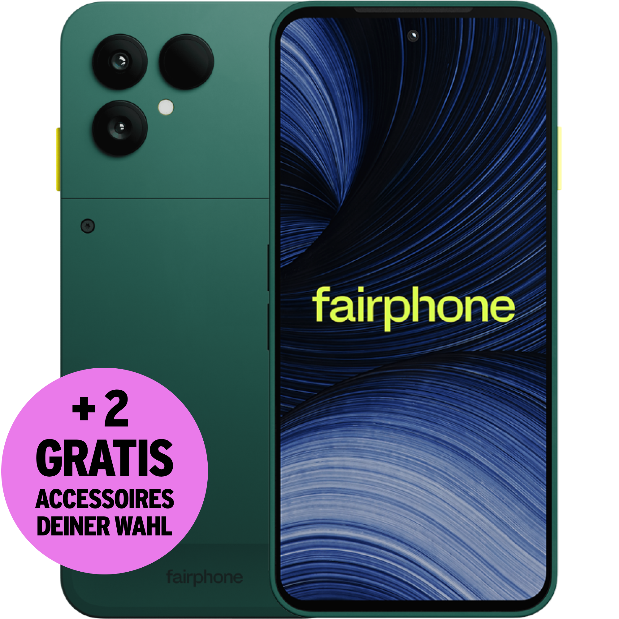 Rück- & Vorderseite Fairphone (Gen. 6+) mit Störer "+2 Gratis Accessoires deiner Wahl".