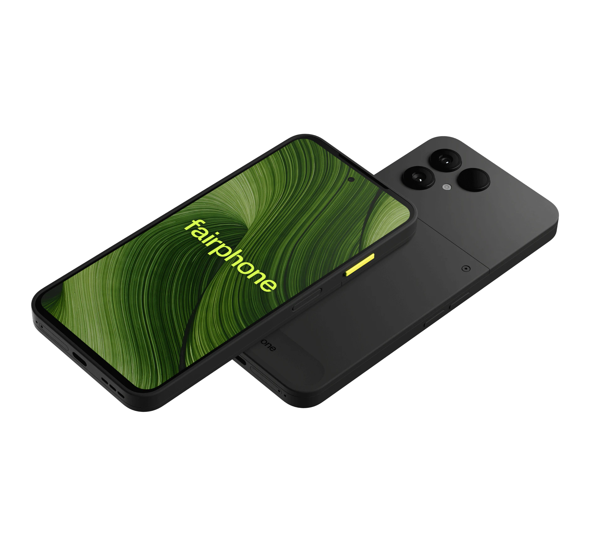 Highlight Bild vom Gerät Schräge Vorder- und Rückansicht Fairphone 6 Schwarz.