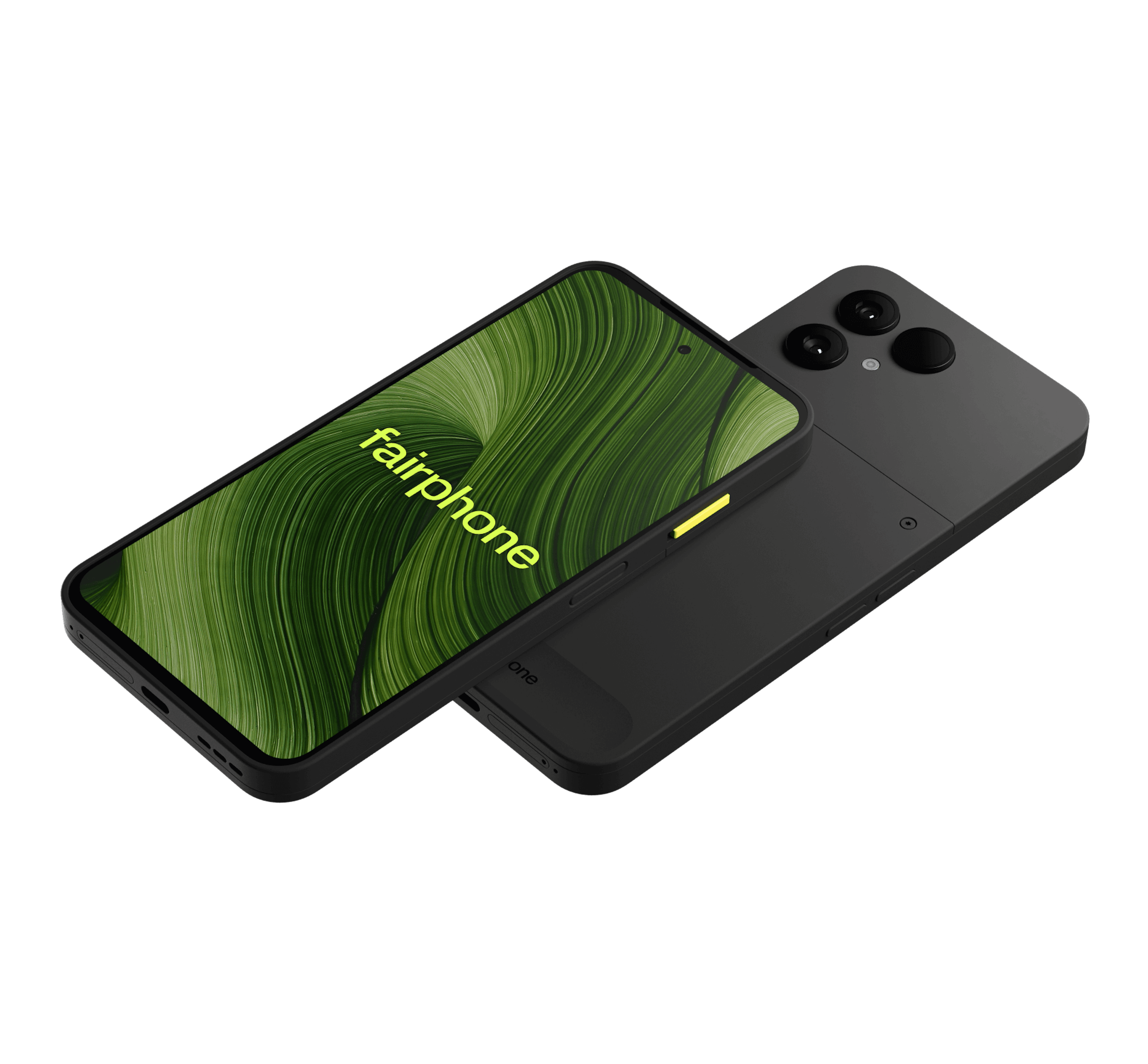 Schräge Vorder- und Rückansicht Fairphone 6 Schwarz.