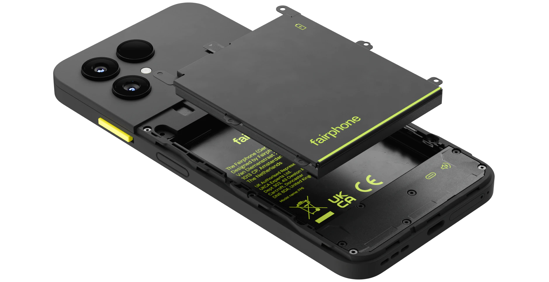 Highlight Bild vom Gerät Rückansicht Fairphone 6 ohne Cover mit herausnehmbarem Akku.