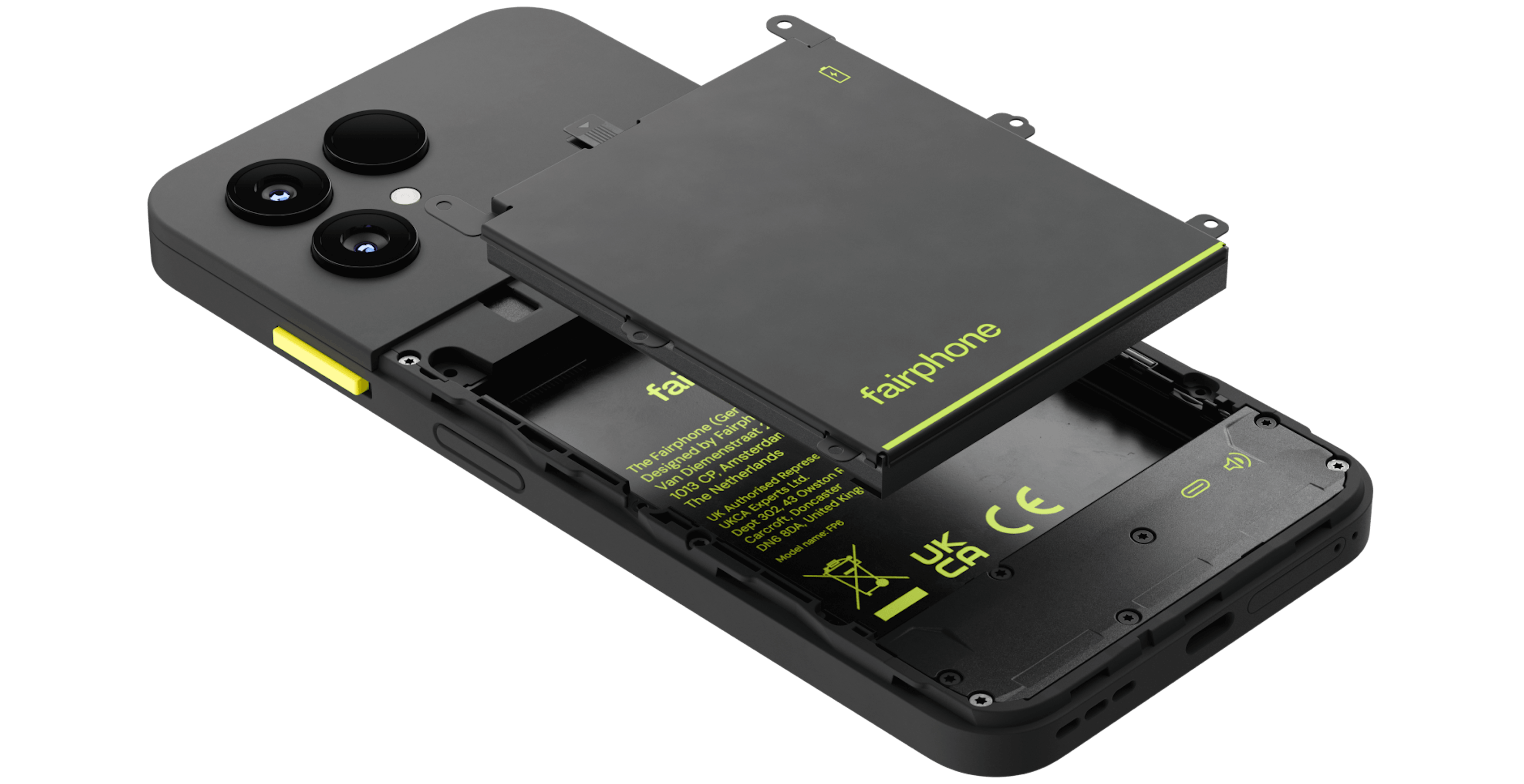Rückansicht Fairphone 6 ohne Cover mit herausnehmbarem Akku.