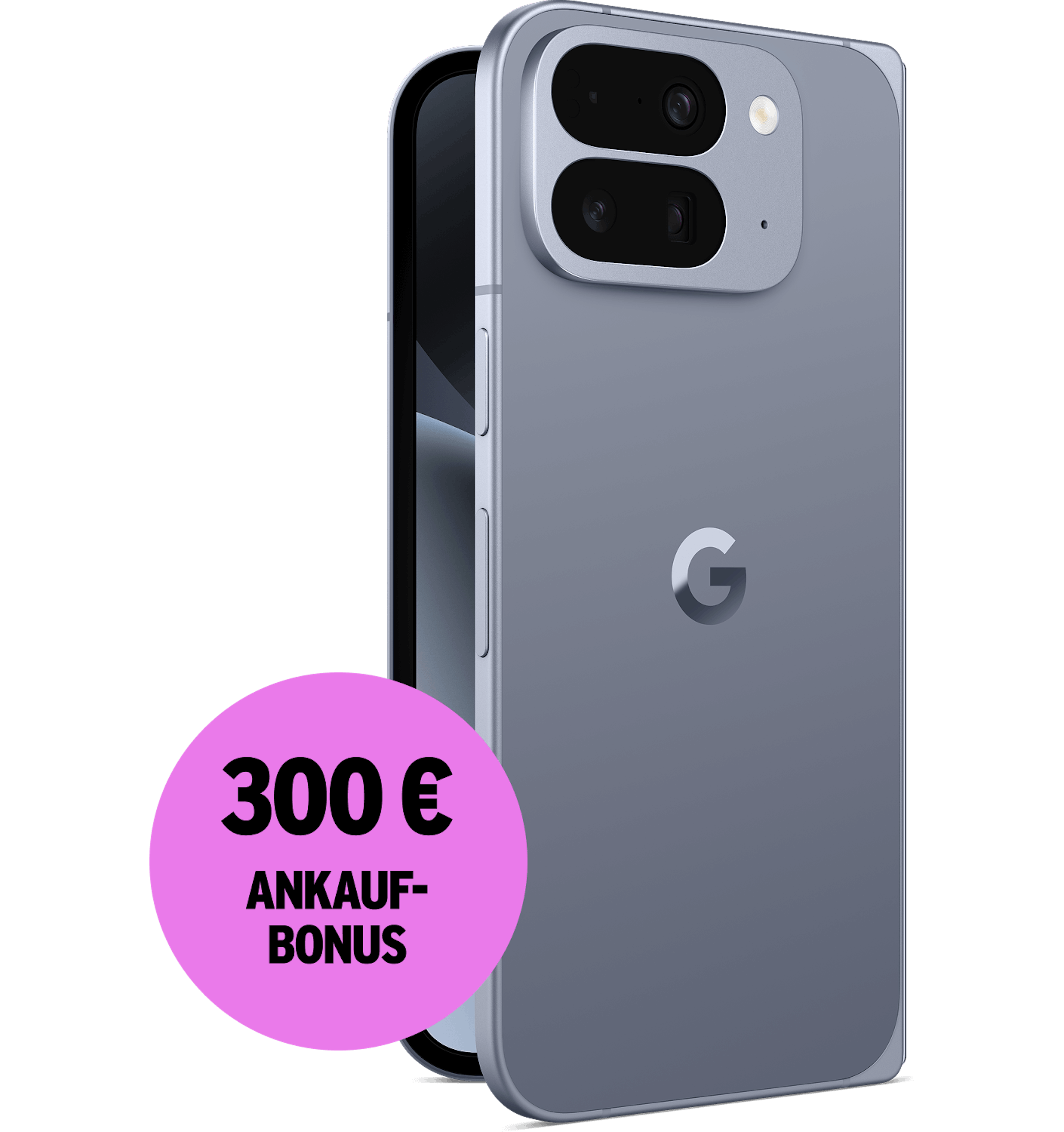 Schräge Rückansicht Google Pixel 10 Pro Fold Moonstone. 300 € Ankaufbonus.