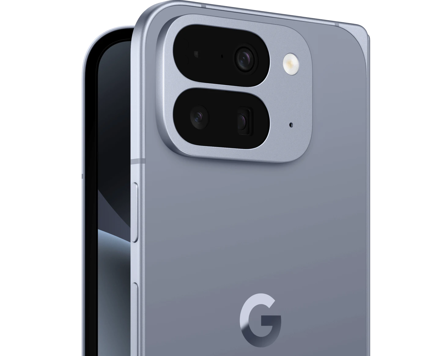 Schräge Rückansicht Google Pixel 10 Pro Fold Moonstone mit Fokus auf Kamera