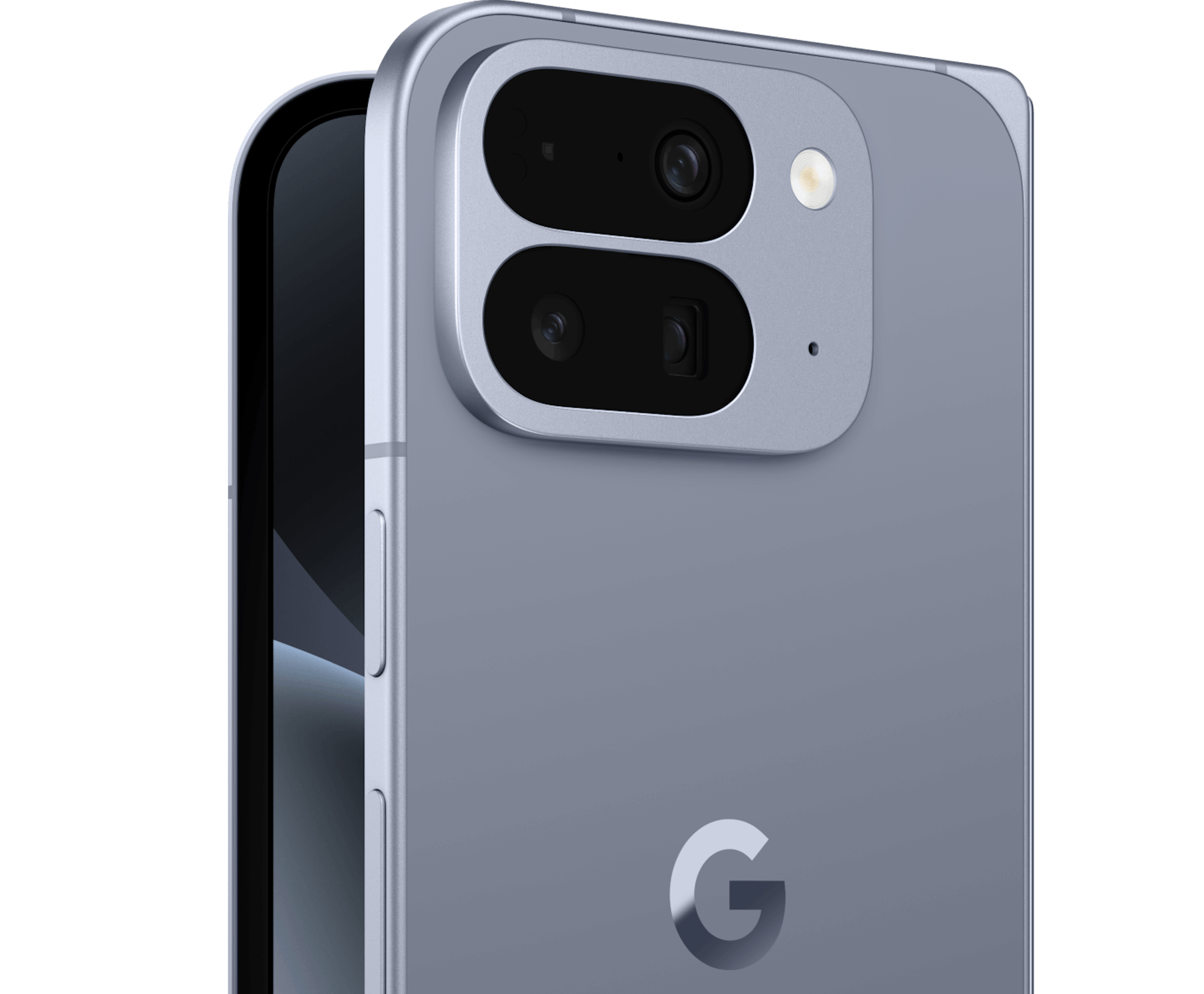Schräge Rückansicht Google Pixel 10 Pro Fold Moonstone mit Fokus auf Kamera
