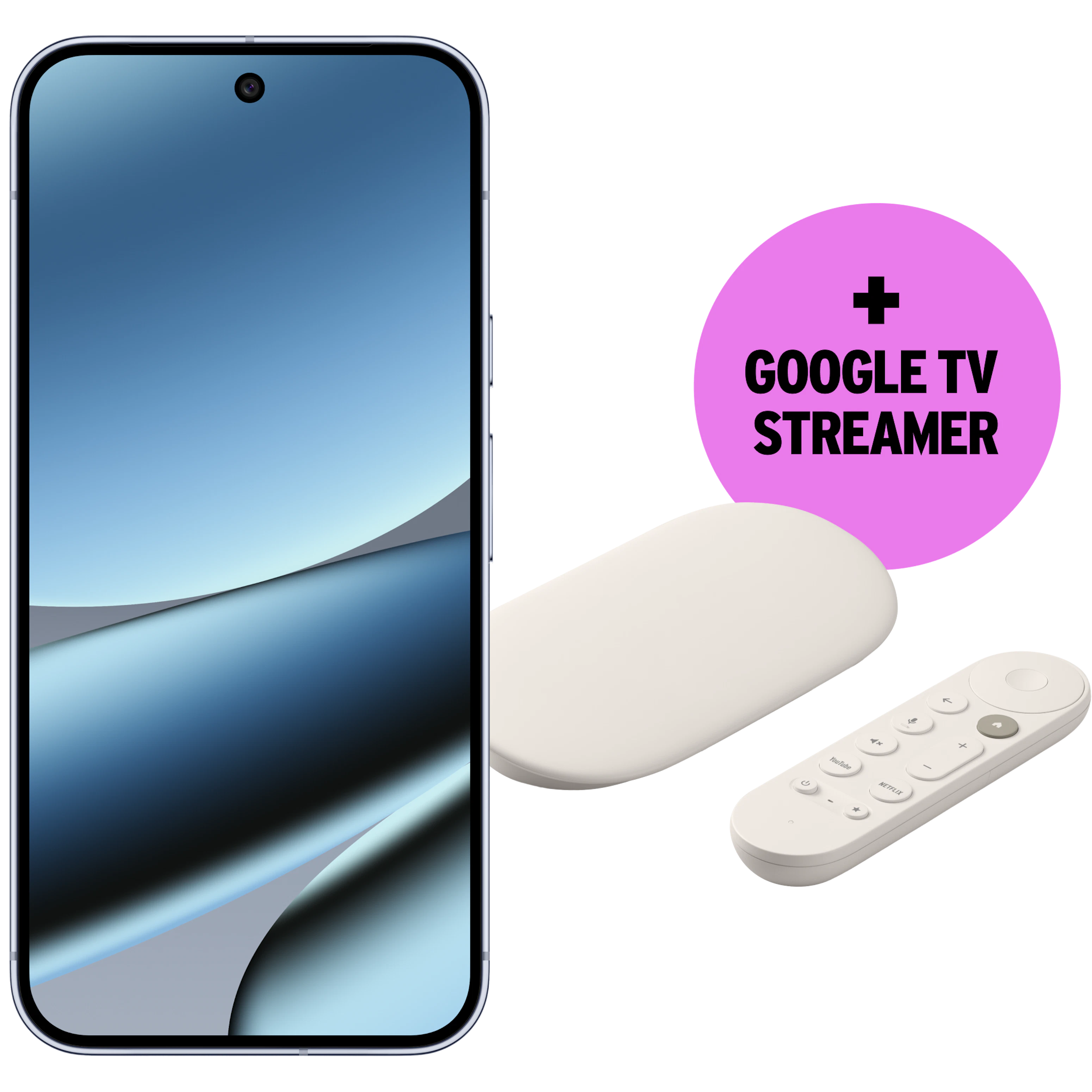Google Pixel 10 Pro XL neben einem Google-TV-Streamer (ovalem Gerät) und einer weißen Fernbedienung; pinker Kreis mit Text „+ GOOGLE TV STREAMER“.