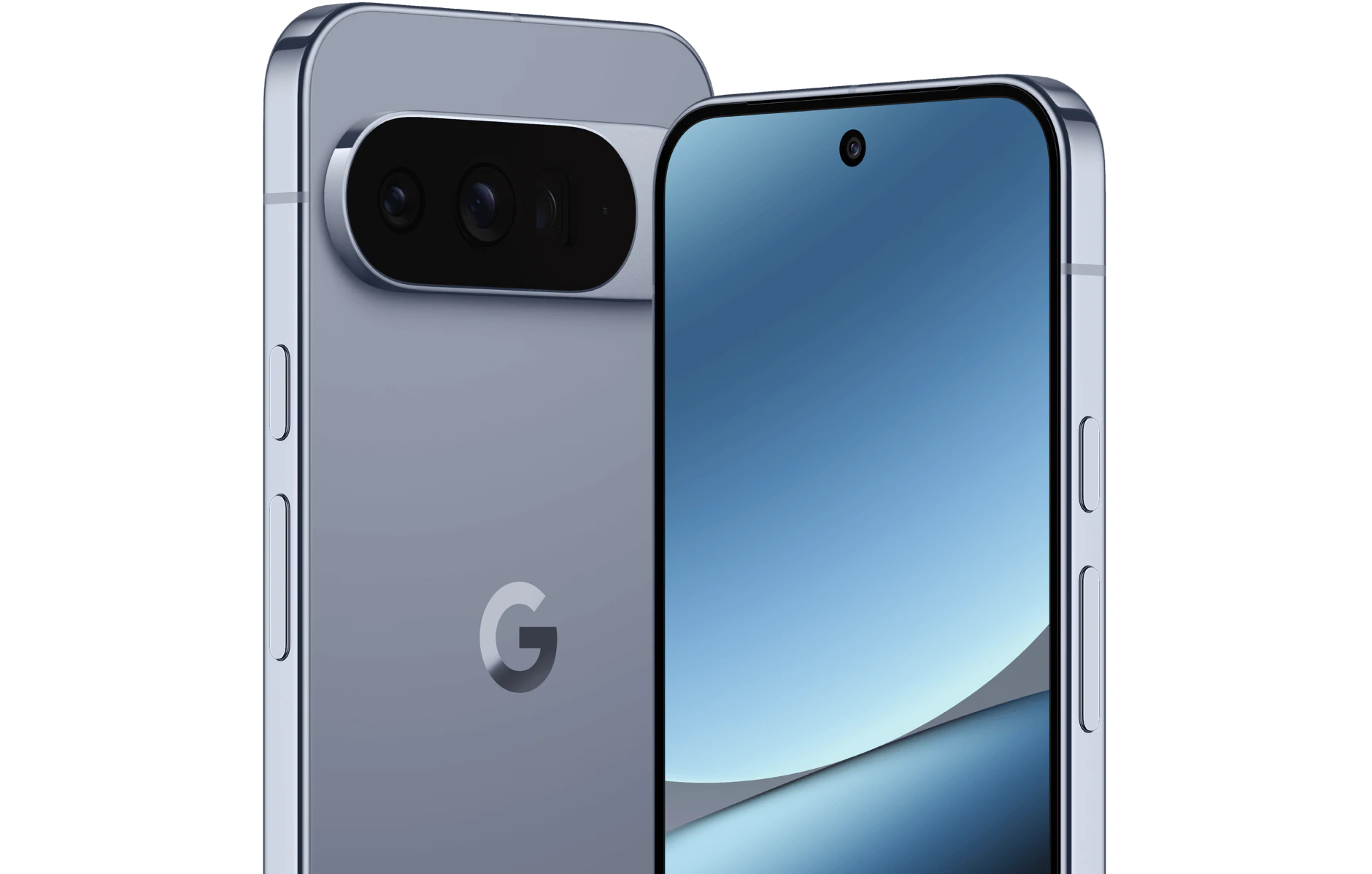 Seitliche Vorder- und Rückansicht Google Pixel 10 Pro XL Grau.