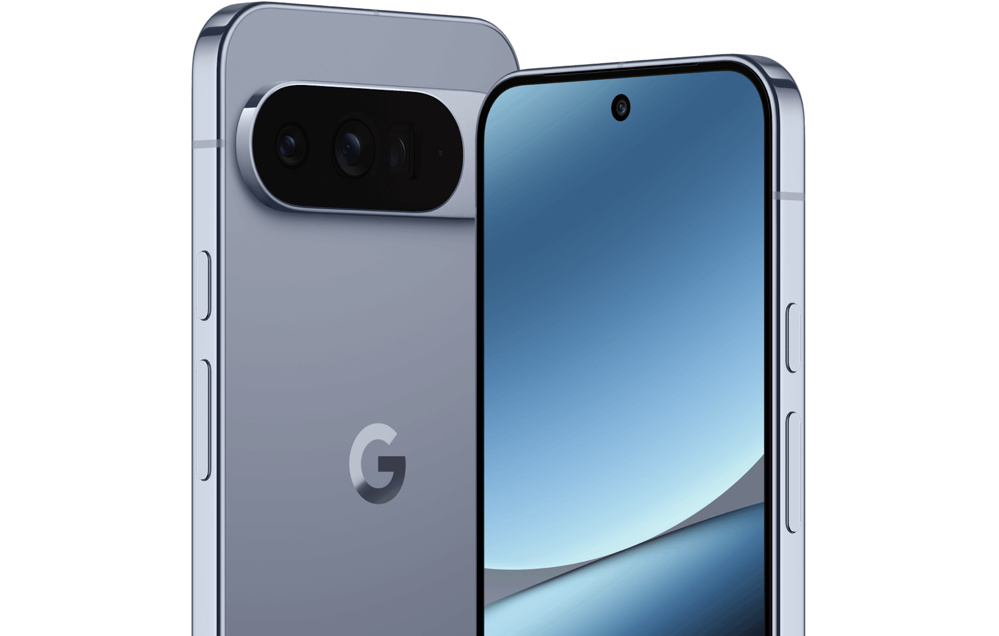 Highlight Bild vom Gerät Seitliche Vorder- und Rückansicht Google Pixel 10 Pro XL Grau.