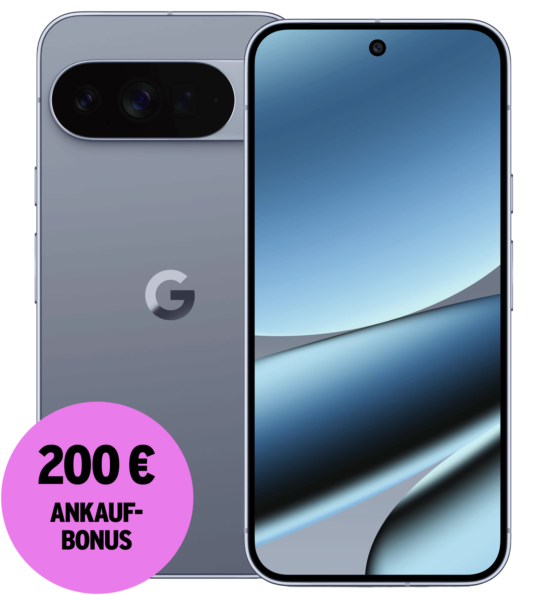 Vorder- und Rückansicht Google Pixel 10 Pro XL Grau. 200 € Ankaufbonus.