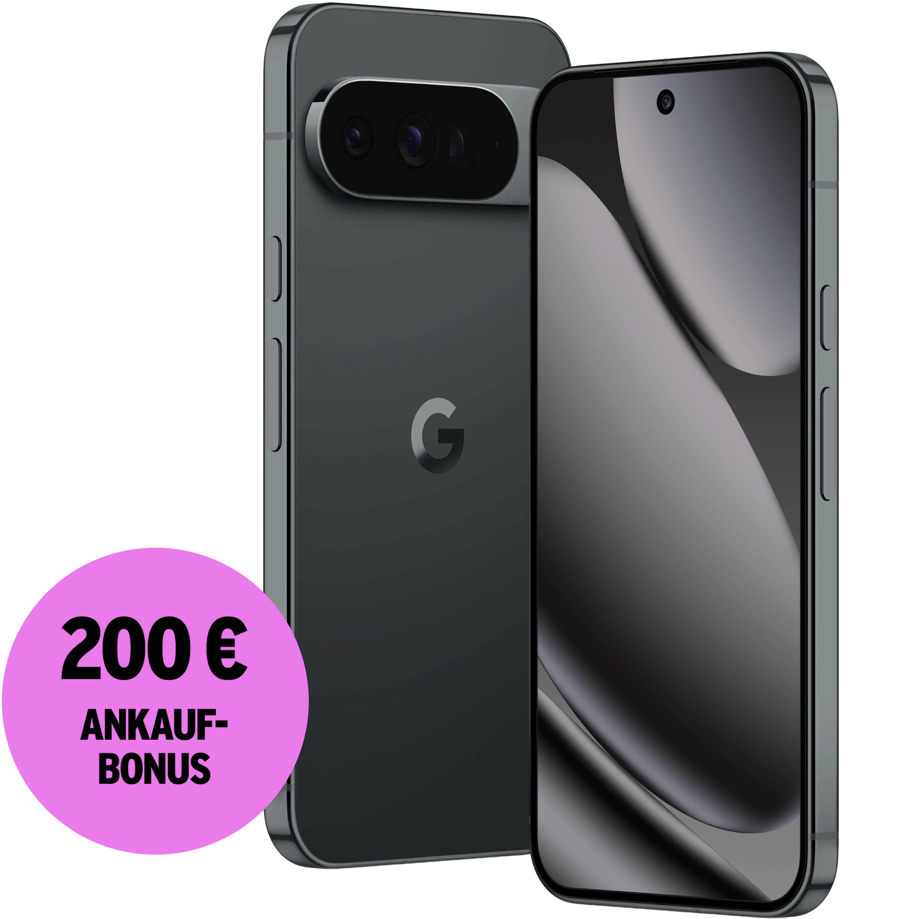 Seitliche Vorder- und Rückansicht Google Pixel 10 Pro XL Schwarz. 200 € Ankaufbonus.