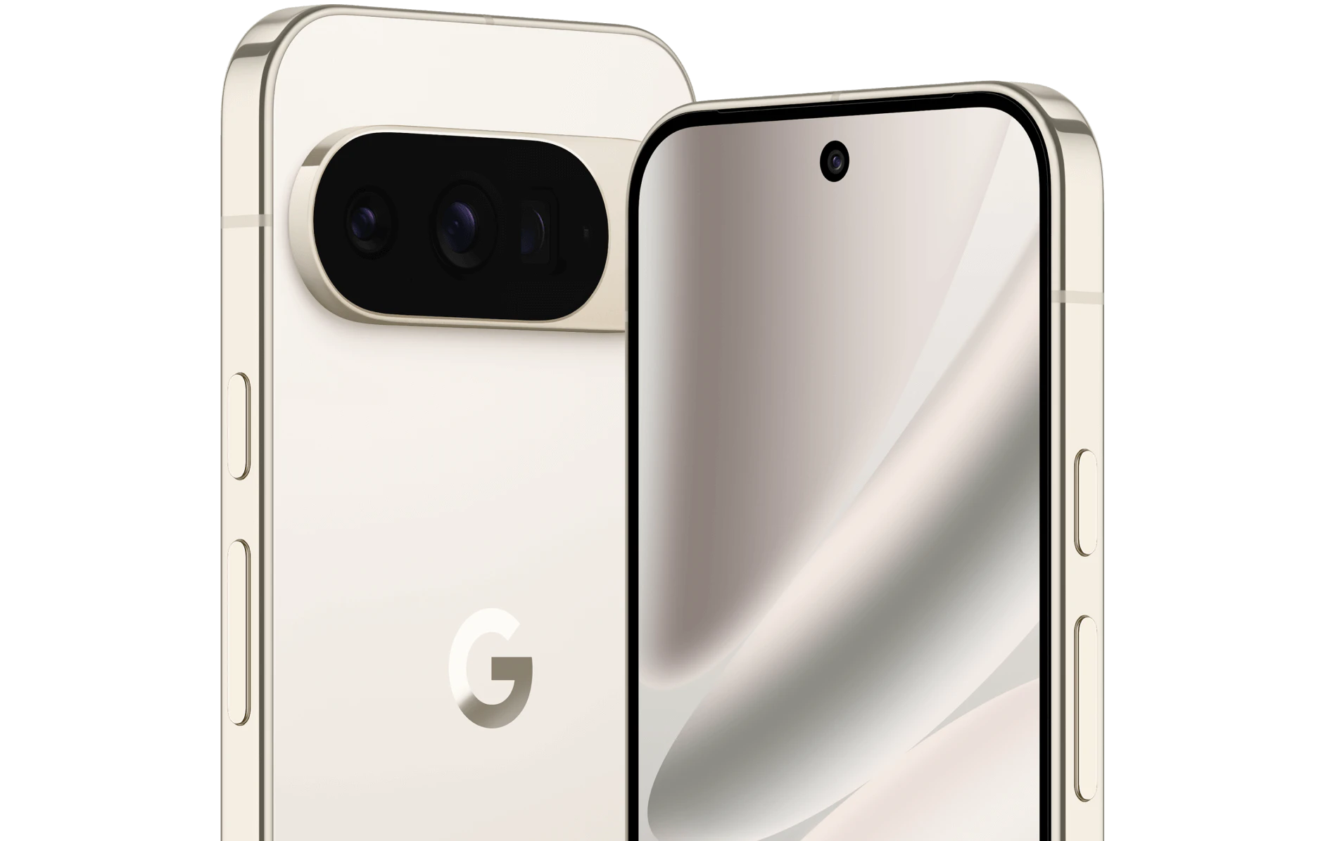 Seitliche Vorder- und Rückansicht Google Pixel 10 Pro Porzellan.