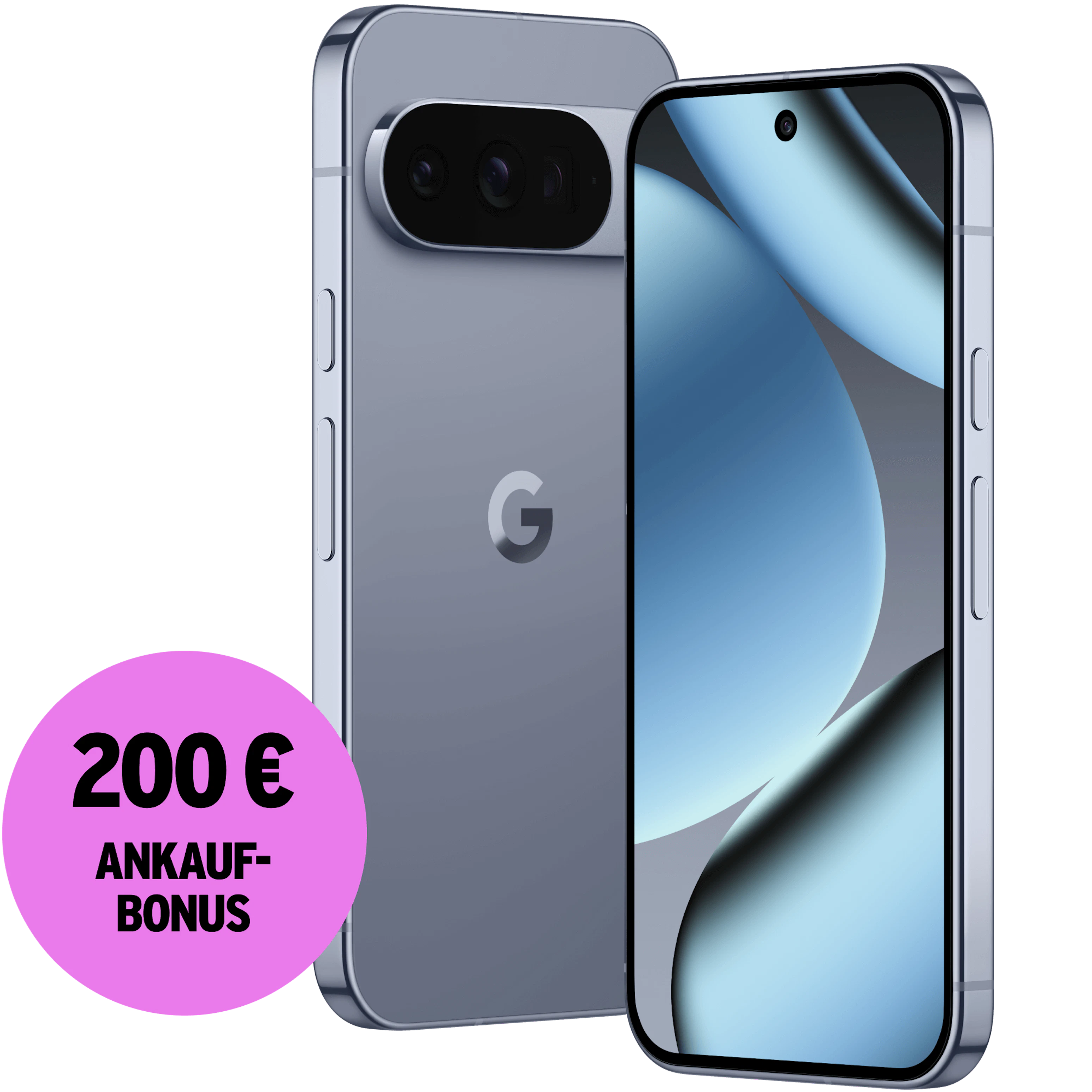 Seitliche Vorder- und Rückansicht Google Pixel 10 Pro Grau. 200 € Ankaufbonus.