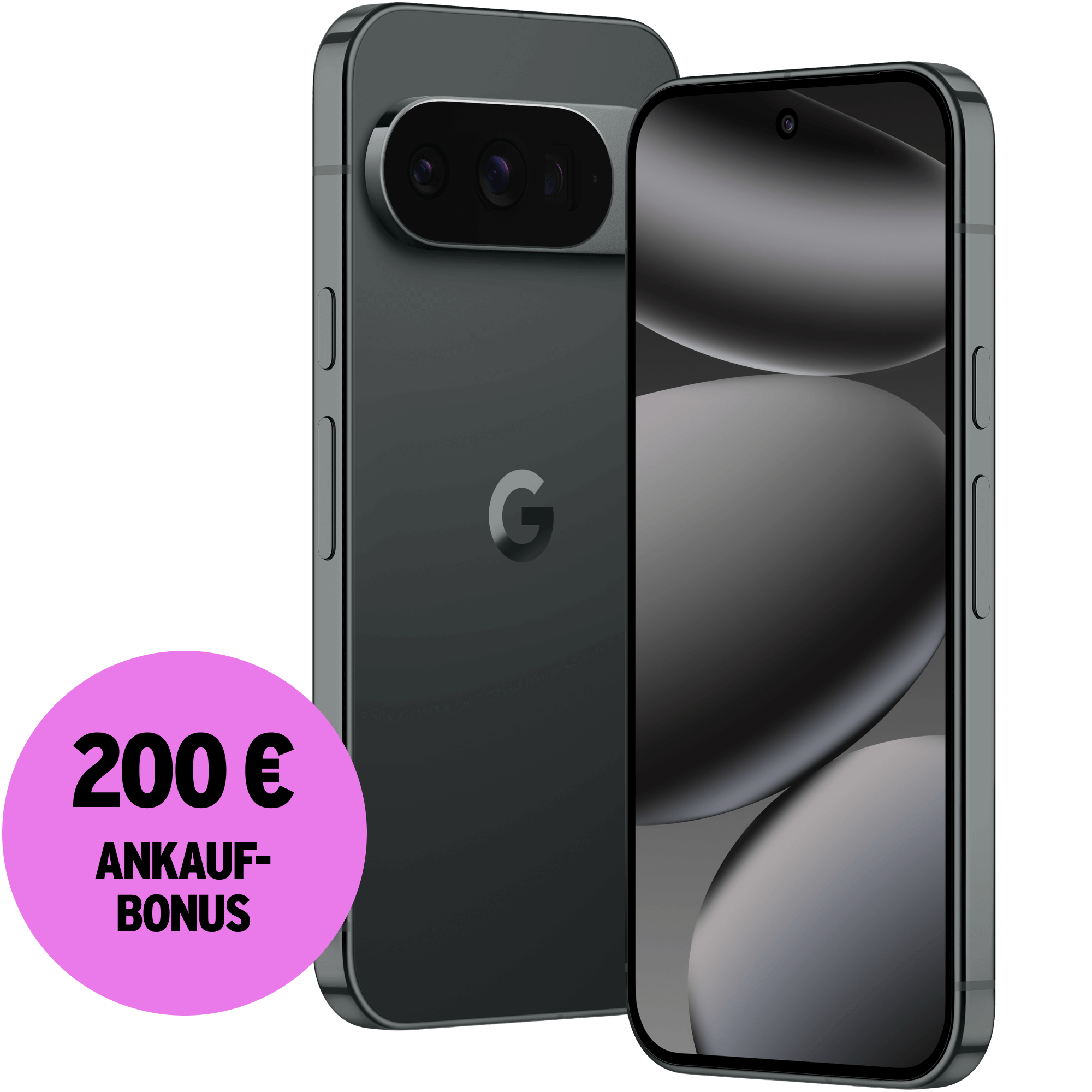 Seitliche Vorder- und Rückansicht Google Pixel 10 Pro Schwarz. 200 € Ankaufbonus.