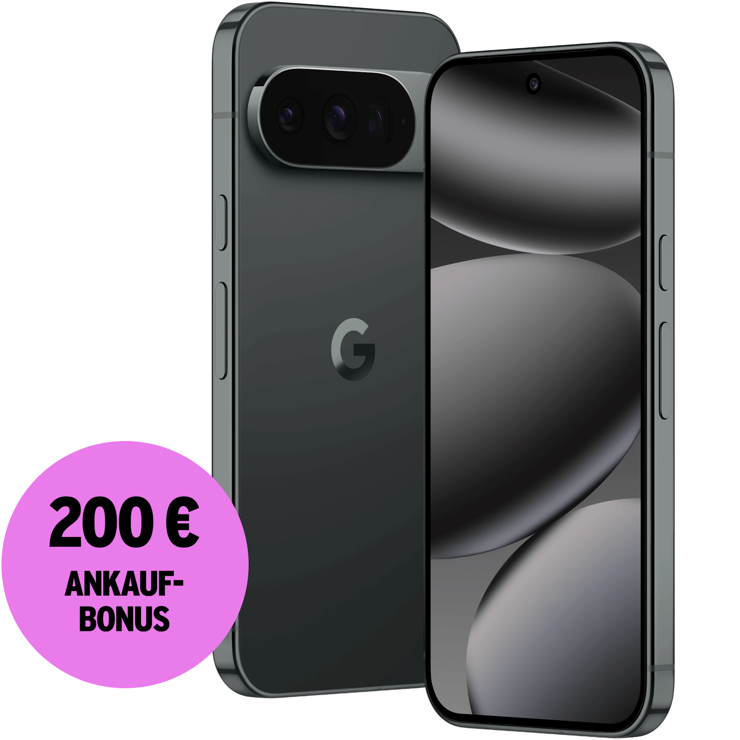 Seitliche Vorder- und Rückansicht Google Pixel 10 Pro Schwarz. 200 € Ankaufbonus.
