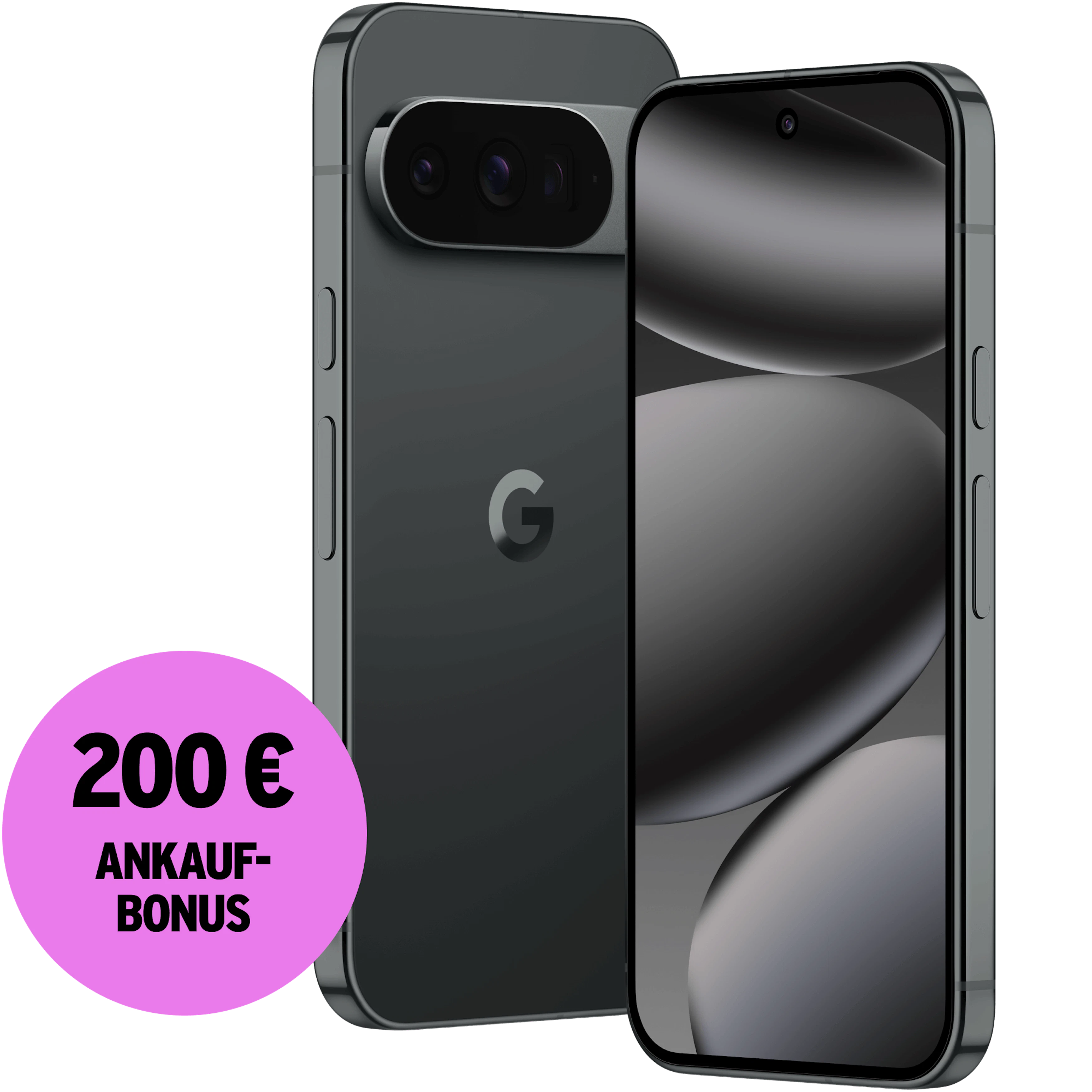 Seitliche Vorder- und Rückansicht Google Pixel 10 Pro Schwarz. 200 € Ankaufbonus.