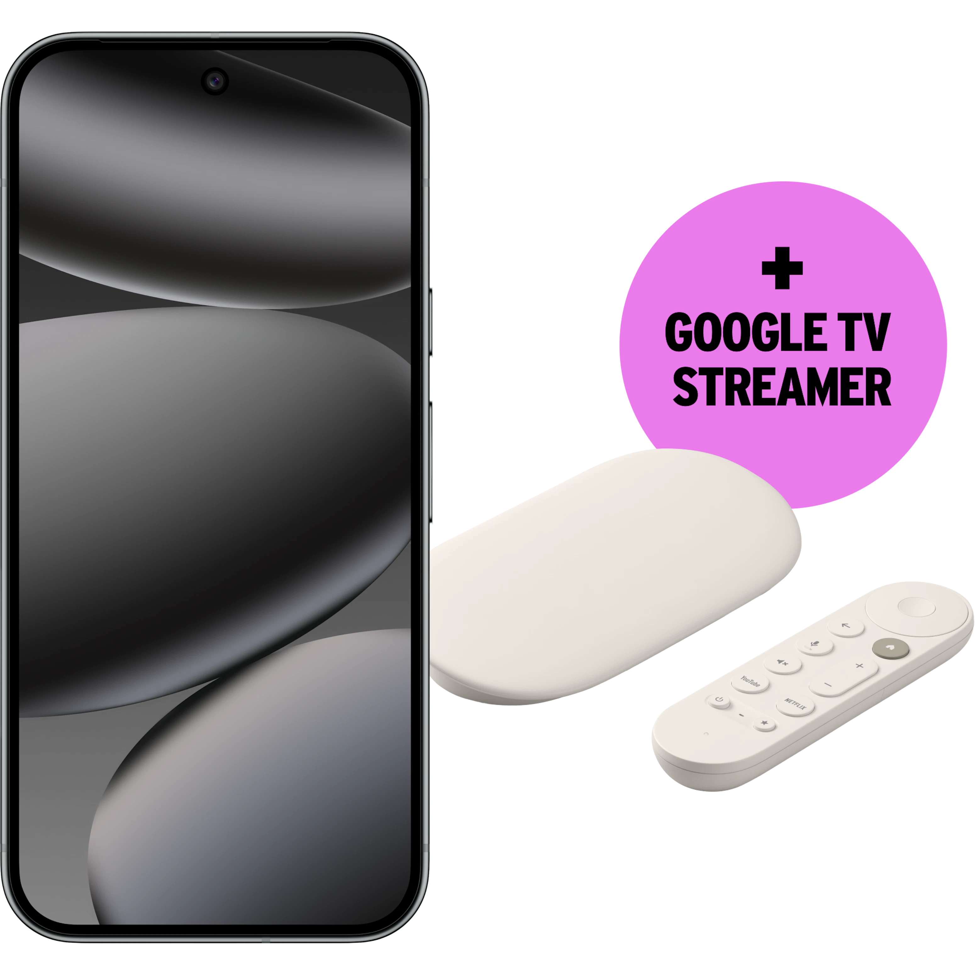 Google Pixel 10 Pro neben einem Google-TV-Streamer (ovalem Gerät) und einer weißen Fernbedienung; pinker Kreis mit Text „+ GOOGLE TV STREAMER“.