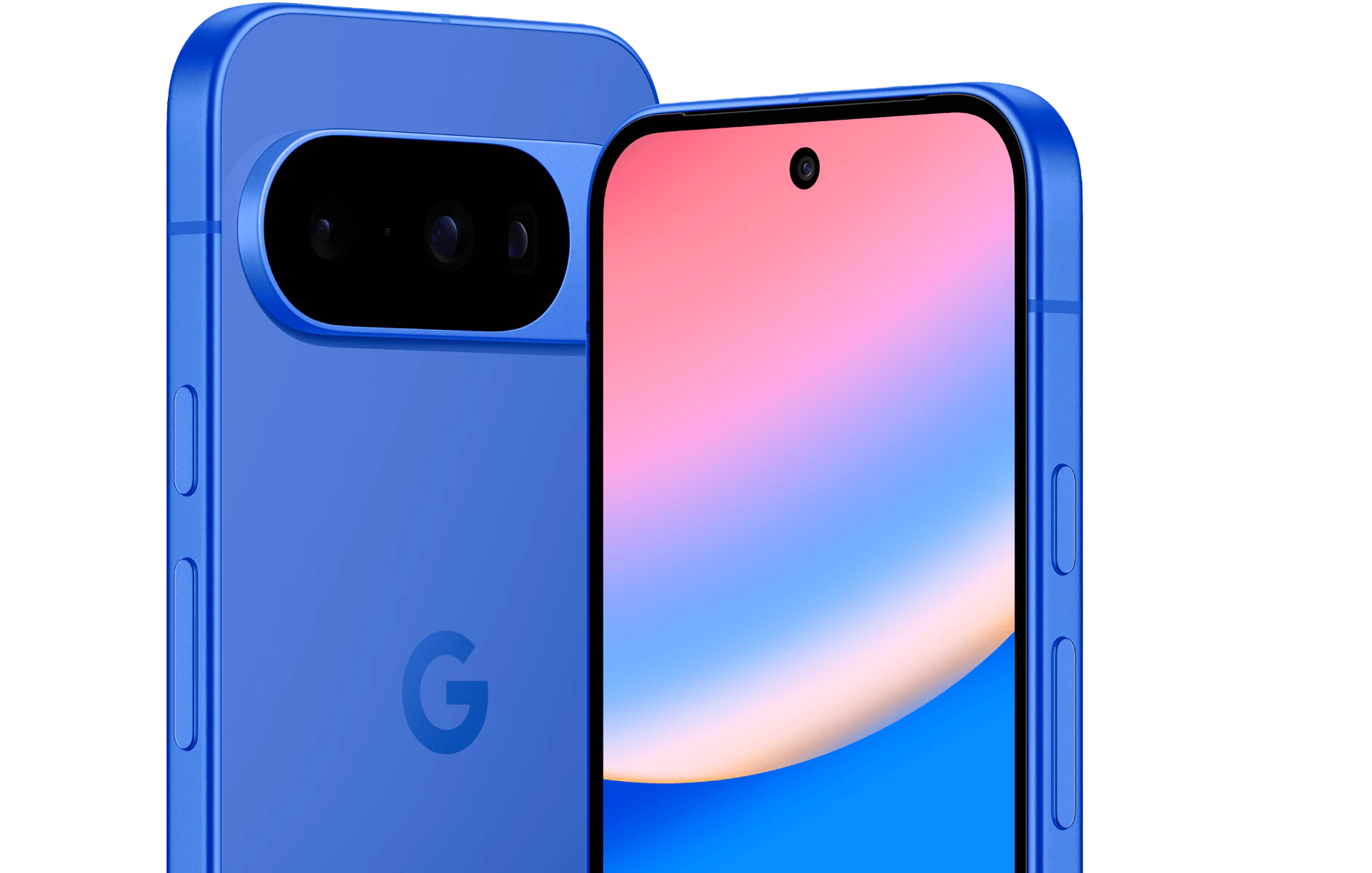 Seitliche Vorder- und Rückansicht Google Pixel 10 Indigo.