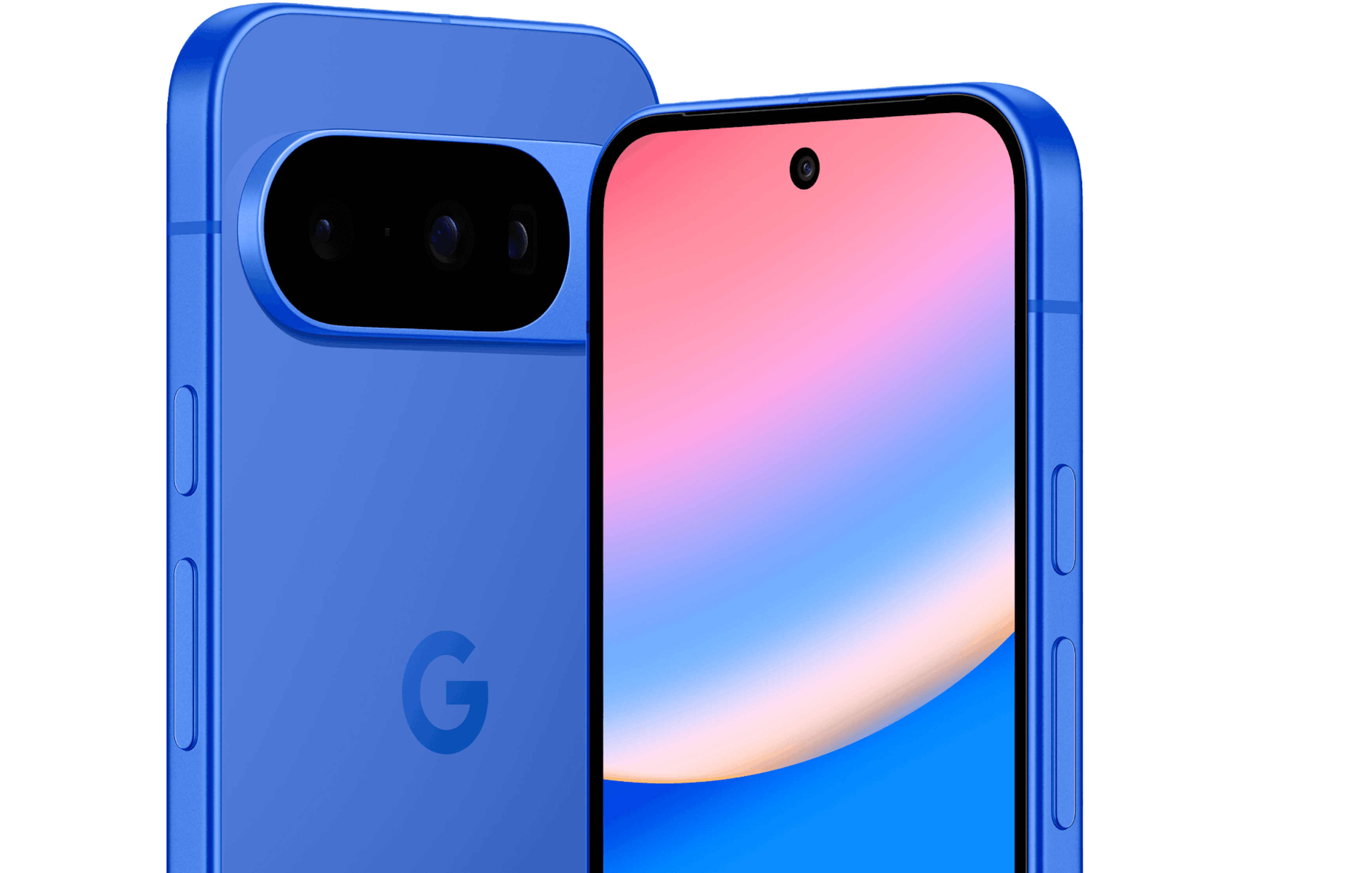 Seitliche Vorder- und Rückansicht Google Pixel 10 Indigo.