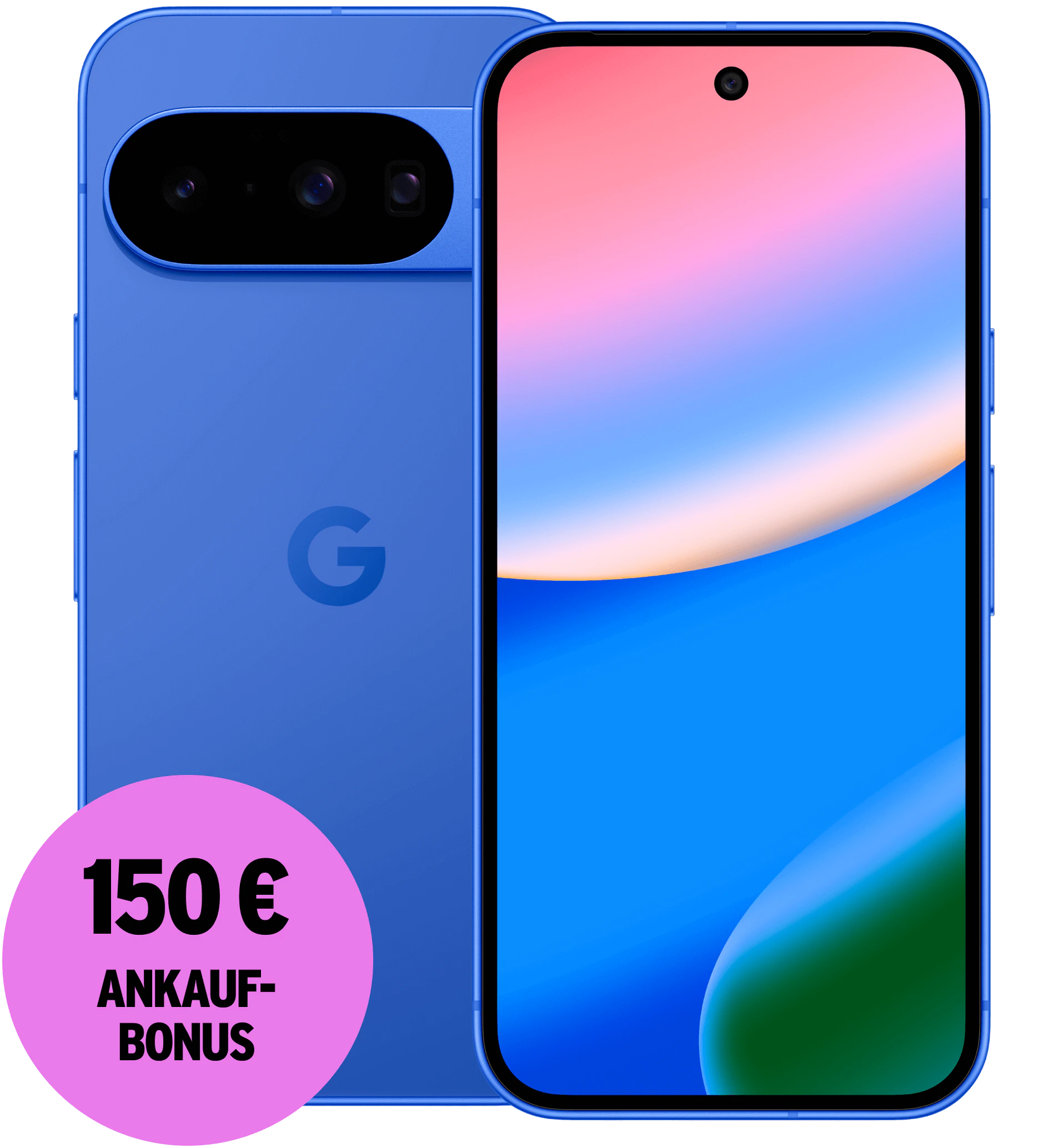 Vorder- und Rückansicht Google Pixel 10 Indigo. 150 € Ankaufbonus.
